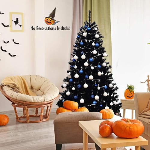 Miniatura 9 de CHEFJOY Árbol de Navidad artificial negro, árbol de pino de Navidad realista con puntas de rama y soporte de metal plegable resistente, árbol de