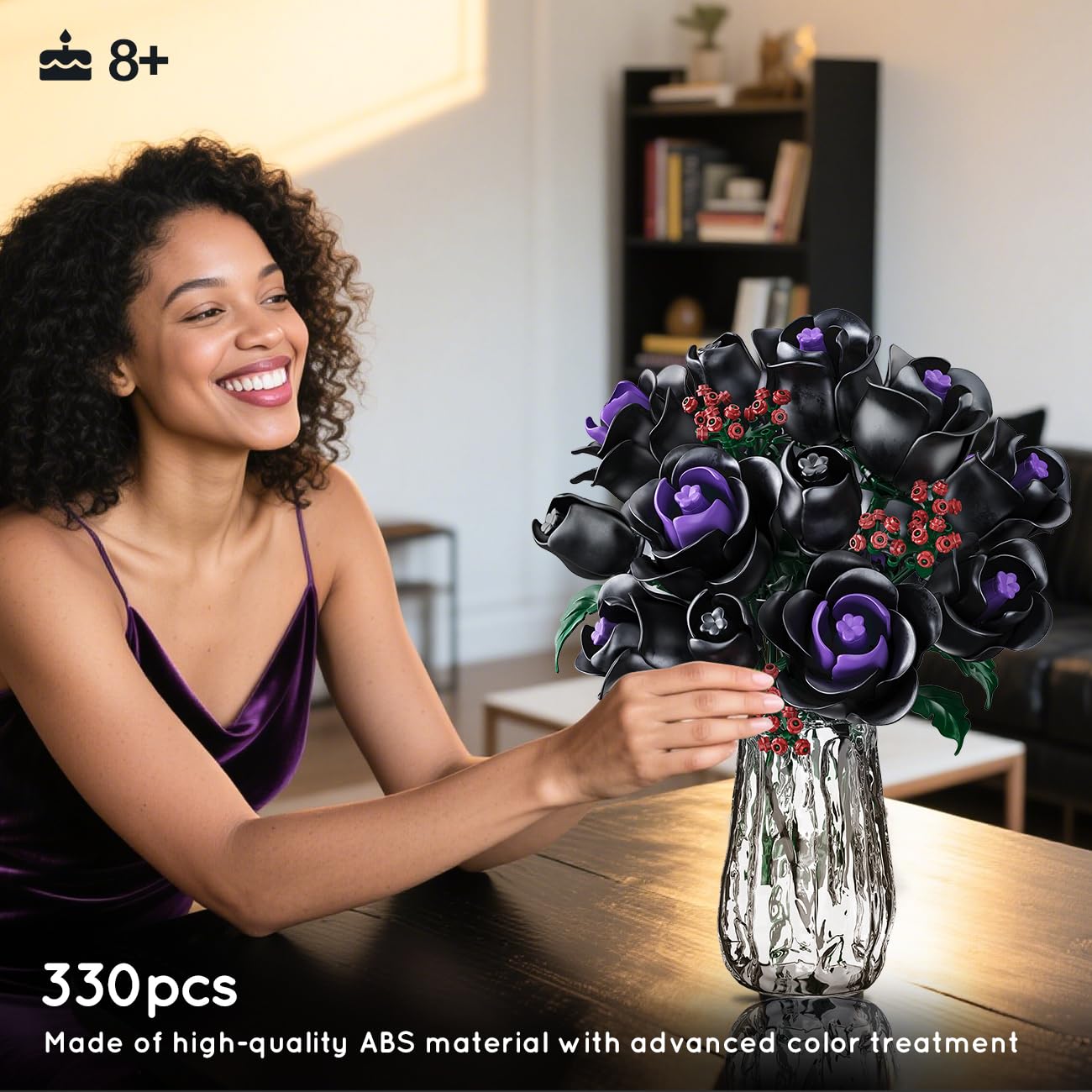HOGOKIDS Set 15 Rose Nere Da Costruire – 330 Pezzi Fiori Botanici In ABS, Decorazione Gotica Regalo Per Adulti E Ragazze 8+ Anni