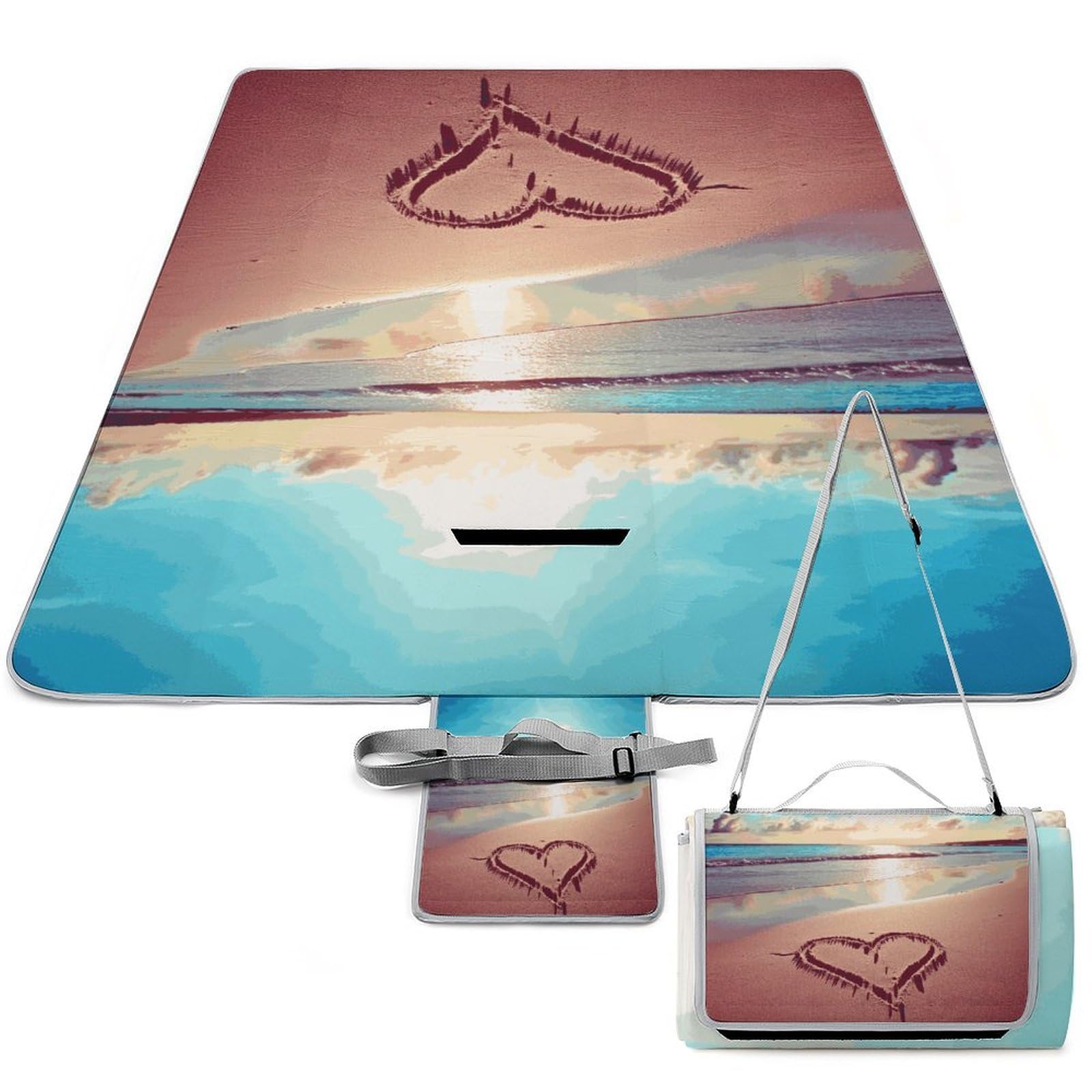 Love Beach Beach Blanket Thickened Foldable Camping Mats Soft Lightweight Beach Pad Square Picnic Blankets with Shoulder Strap for Park Grass Patio Hiking