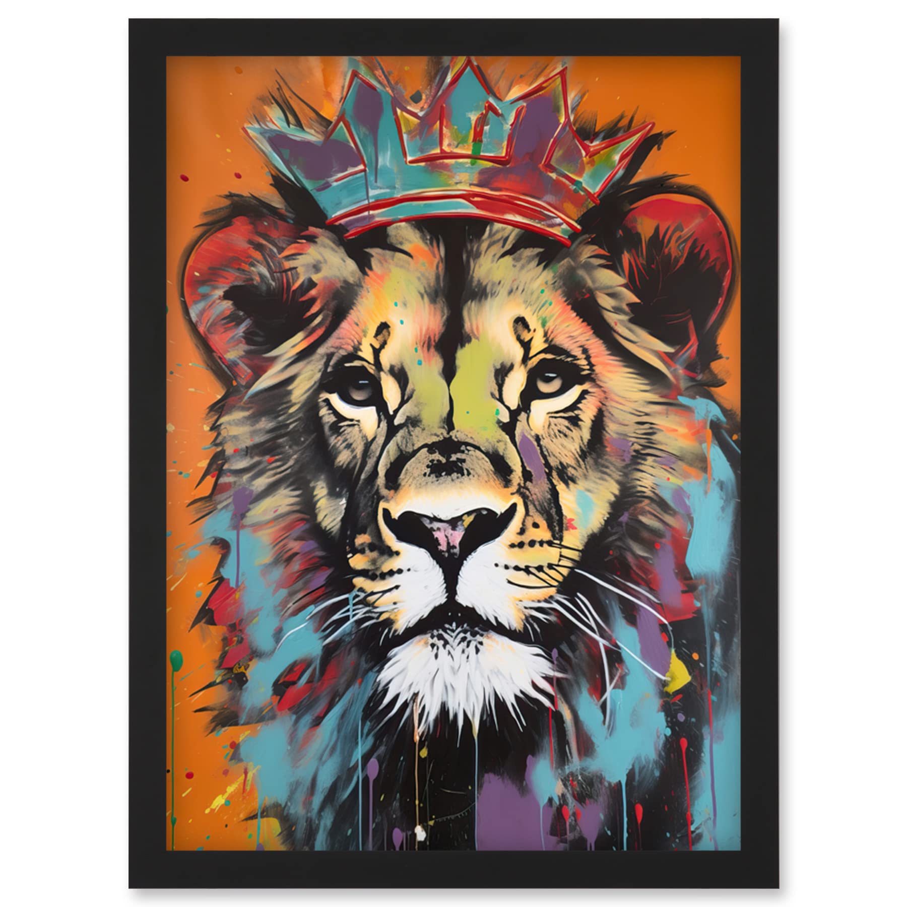 Artery8 Lion Wearing Crown Jungle King Animal Portrait Artwork Framed Wall Art Print A4