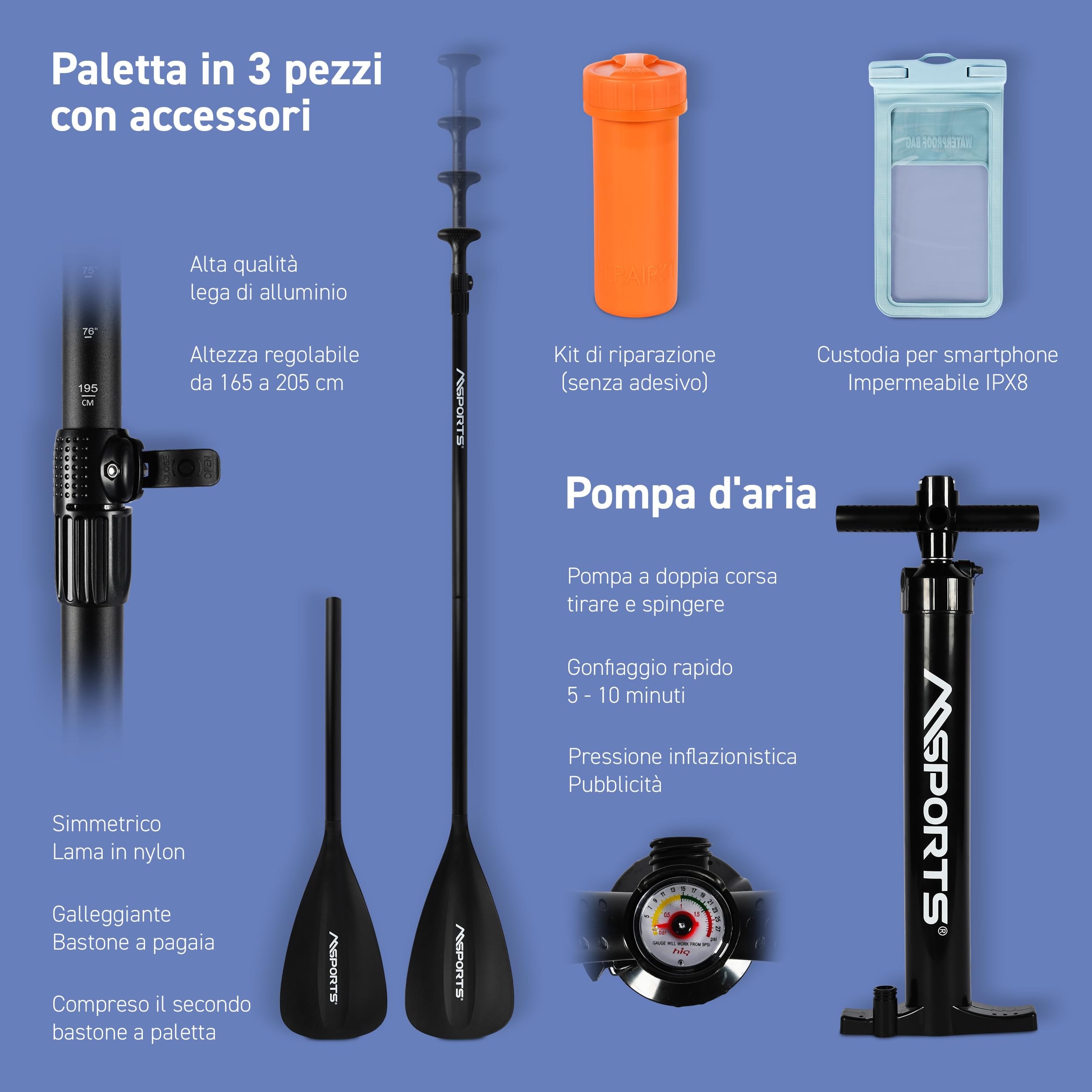 MSPORTS Stand Up Paddle Board gonfiabile completo paddleboard accessori pagaia regolabile, pompa di alta qualità + 2 bastoncini + custodia impermeabile per smartphone + borsa multifunzione