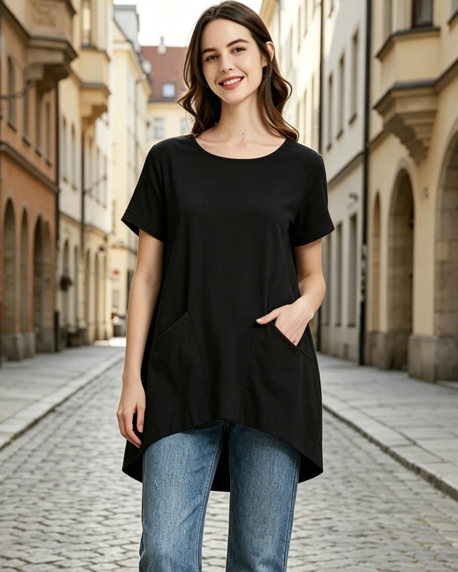 FTCayanz Damen Leinen Tunika Kurzarm Rundhals Sommer Bluse