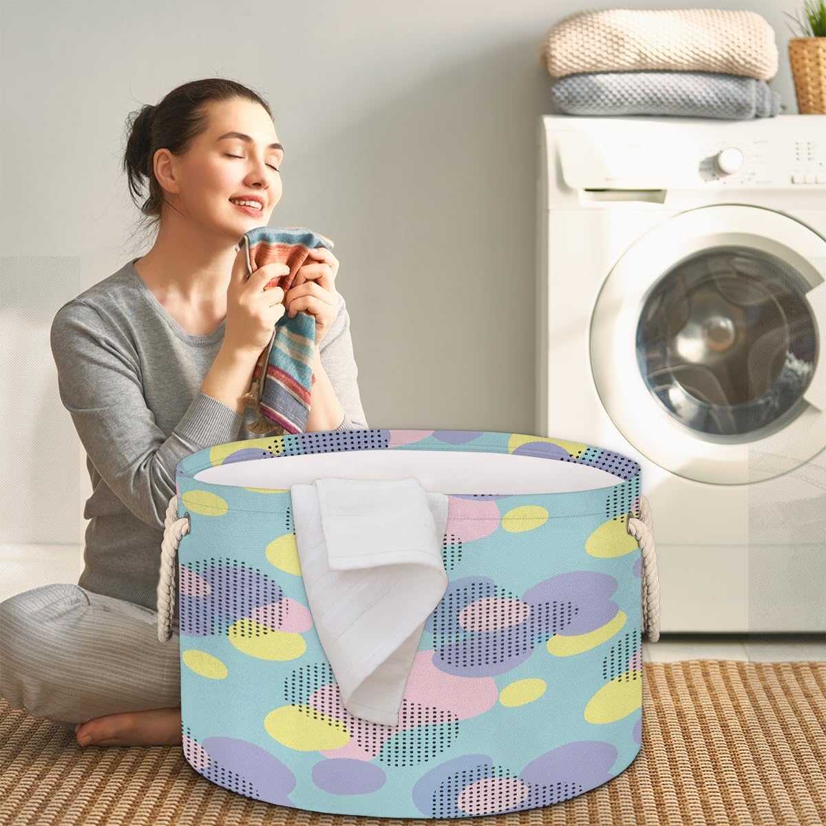Large Storage Baskets - Pastel Geometric Dots Nursery Round Collapsible Organizer Bin Box, Laundry Hamper for Kids Toys, Blanket, Bedroom Living Room Home Decor, Gift Basket, 19.4"x13.3"