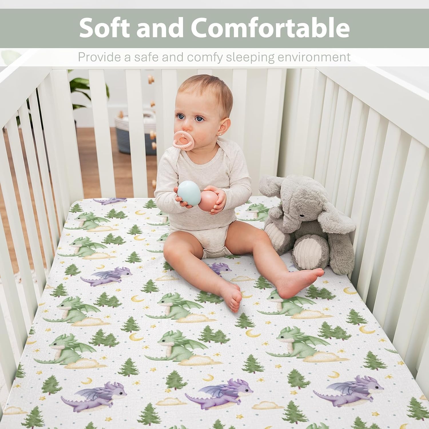 Fantasy Dragons Baby Crib Sheets for Boy Girl 28"x52" Fairytale Dragon Stars Trees Moon Clouds Soft Snug Fitted Crib Mattress Cover Cute Animal Nursery Baby Sheet for Crib & Toddler Bed Mattresses