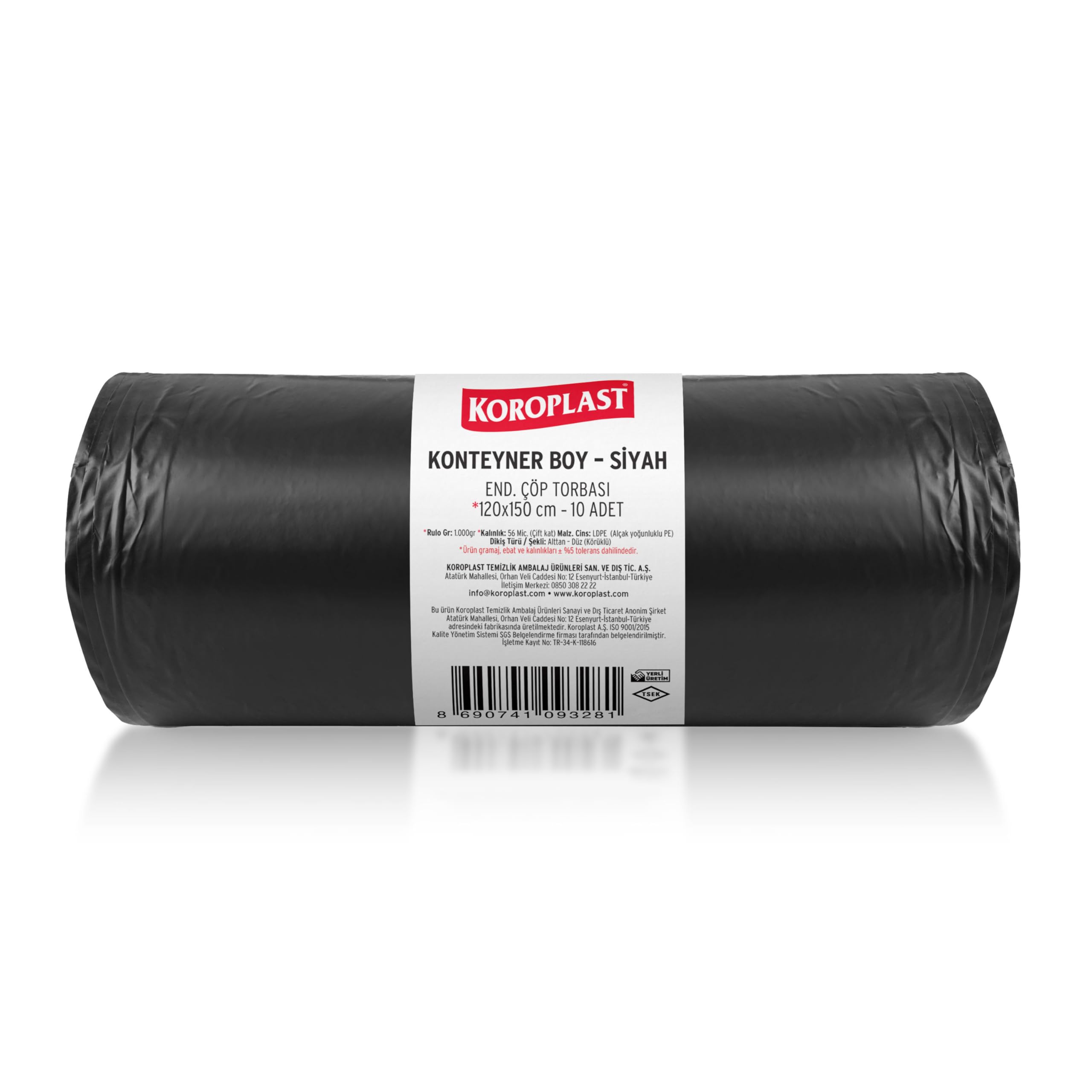Koroplast Konteyner Boy Çöp Torbası Siyah 10’lu 120x150 cm, Yırtılmaya Dayanıklı, Konteyner Boy Çöp Poşeti, Çift Katlı, Geri Dönüştürülebilir, Fabrika, İnşaat, Depo, Kafe, Otel, Hastane, Bahçe