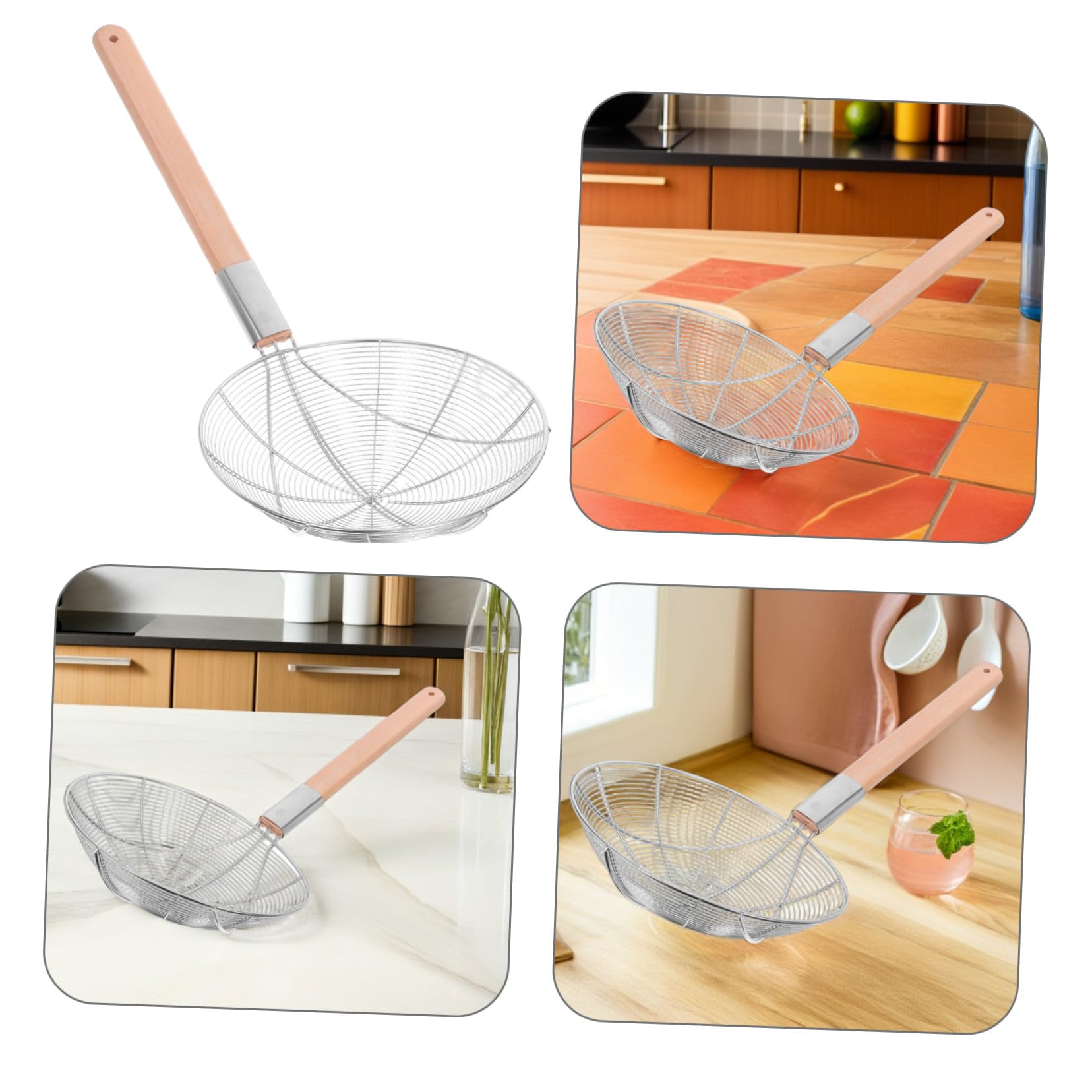 Passoire à Écumoire en Acier Inoxydable Manche en Bois, Filtre Fin et Grosse Louche, Design Antidérapant, Cuisine Professionnelle et Friture