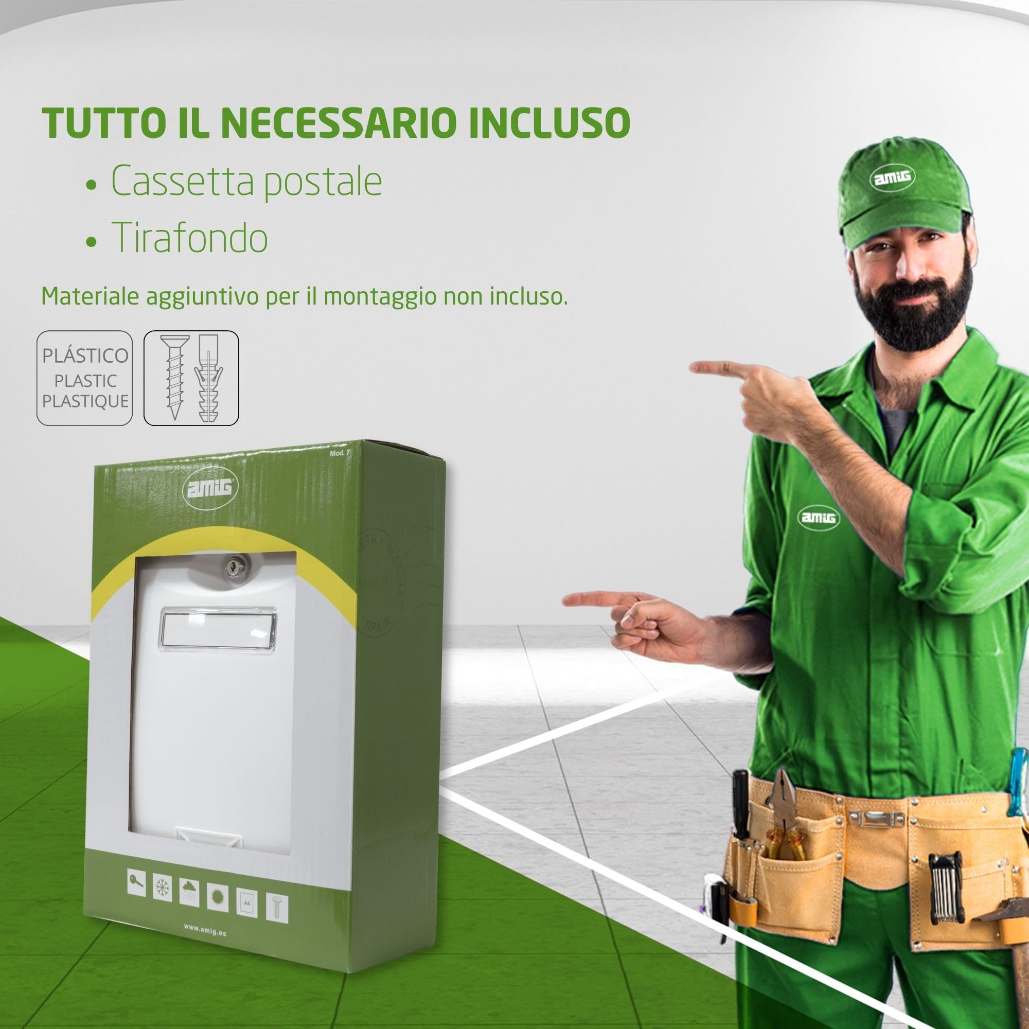 Amig - Cassetta delle lettere esterna modello 7 | Design moderno e resistente | Facile installazione con serratura | Protezione dalla pioggia | Dimensioni 34,5x20,5x10,5 cm, Bianco, Plastica