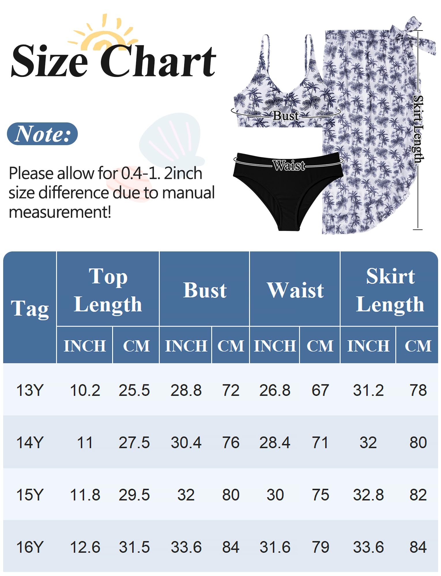 Happy Cherry Ensemble Bikini 3 Pièces pour Fille Adolescente 13-16 Ans Maillot de Bain Imprimé Haut de Bikini+Triangle Slip+Jupe Long Plage Natation Piscine Swimwear