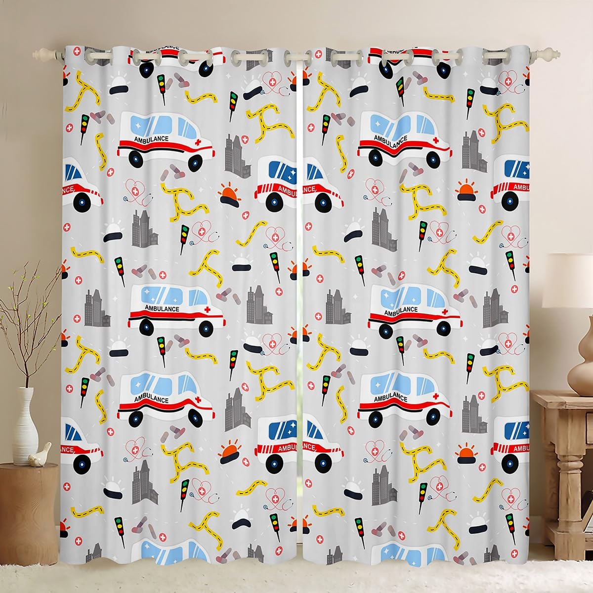 Homemissing Police Car Print Curtains for Bedroom Living Room Kids Cartoon Vehicles Blackout Curtains Boys Cute Construction Site Cars Darkening Dreapes Cartoon Car Window Treatments W46*L72 โ image 1