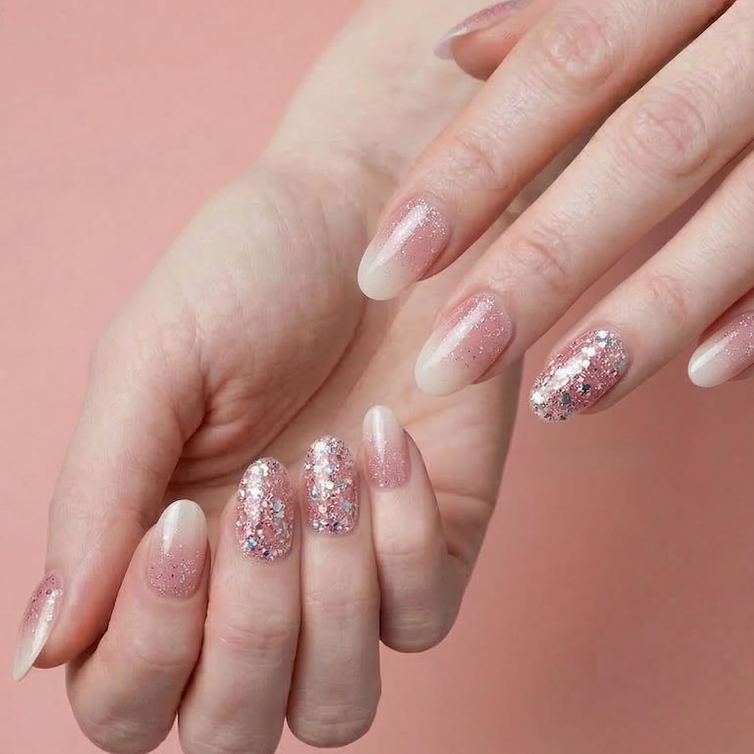 Semi Cured Gel Nail Strips, Gel Wraps for Nails with UV Light Needed, Snag-Free Tapered Edges for At Home DIY Manicure, 32 Pcs Pink Gradient Glitter