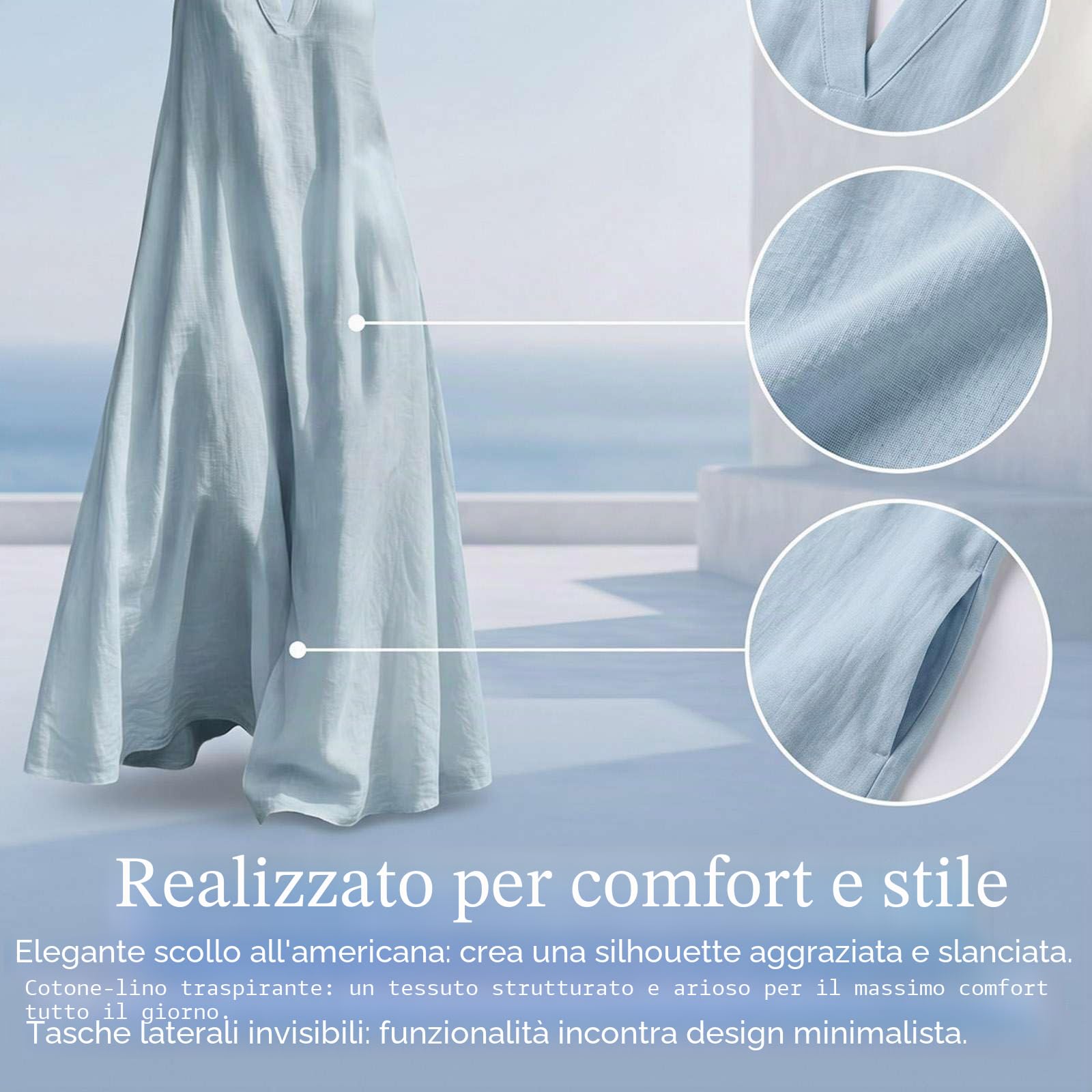 Abito Lungo Minimalista ed Elegante da Donna 2026, Abito Estivo in Lino con Scollo a V e Collo Allacciato con Tasche