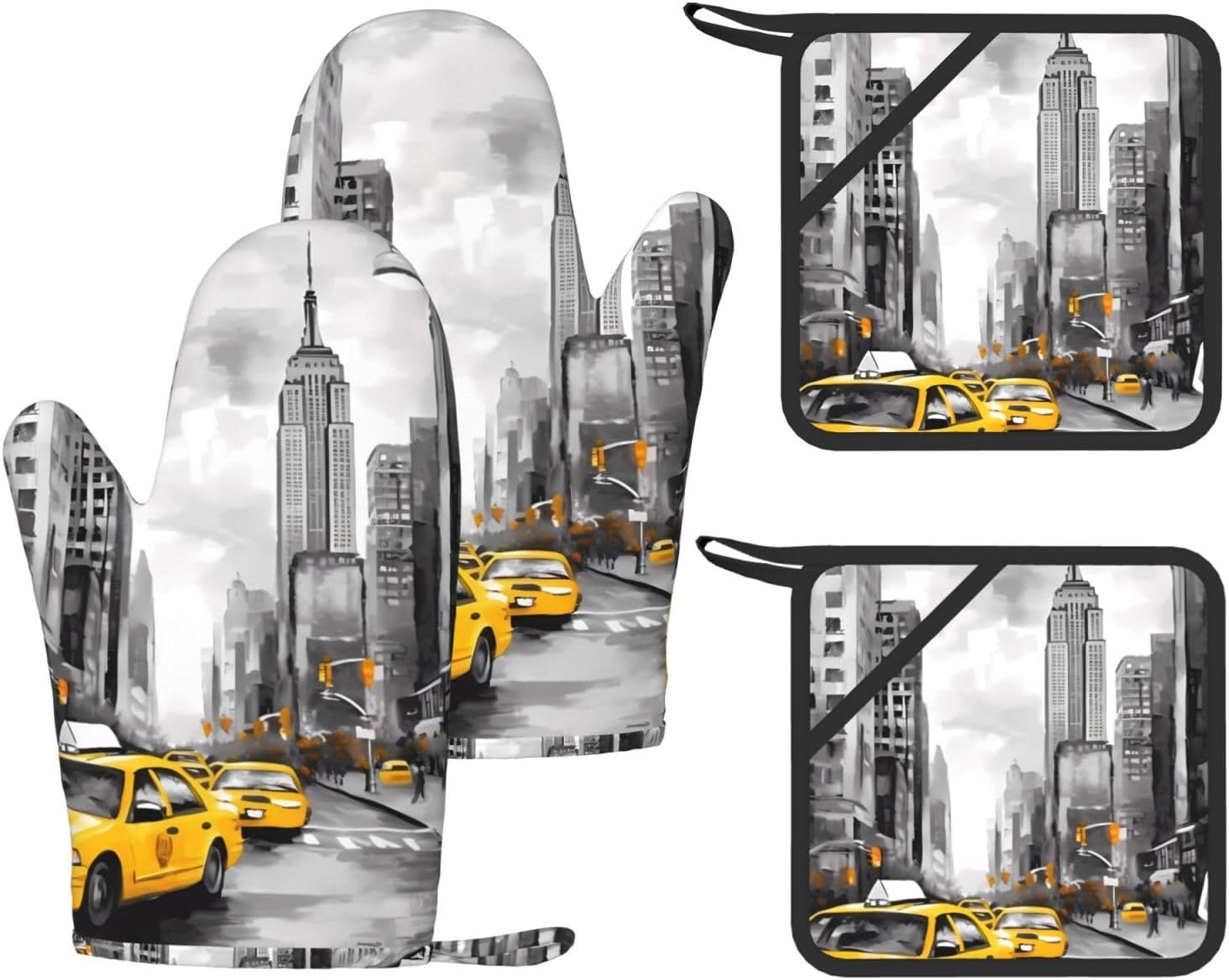 Love from New York 4pcs Oven Mitts and Pot Holders Sets for Kitchen, Silicone Oven Gloves Non-Slip Potholders Hot Pads for Baking Cooking