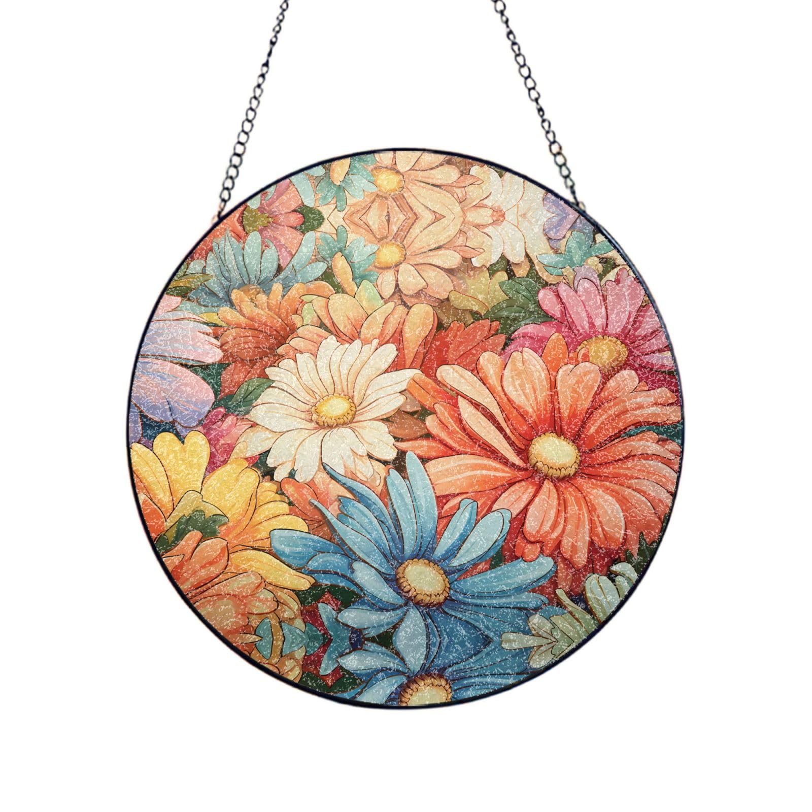 Phayah Blooming Flowers Print Stained Glass Window Hanging Sun Catchers Decoration Mother'S Day Birthday Gifts For Home Garden Porch 10in（25cm）