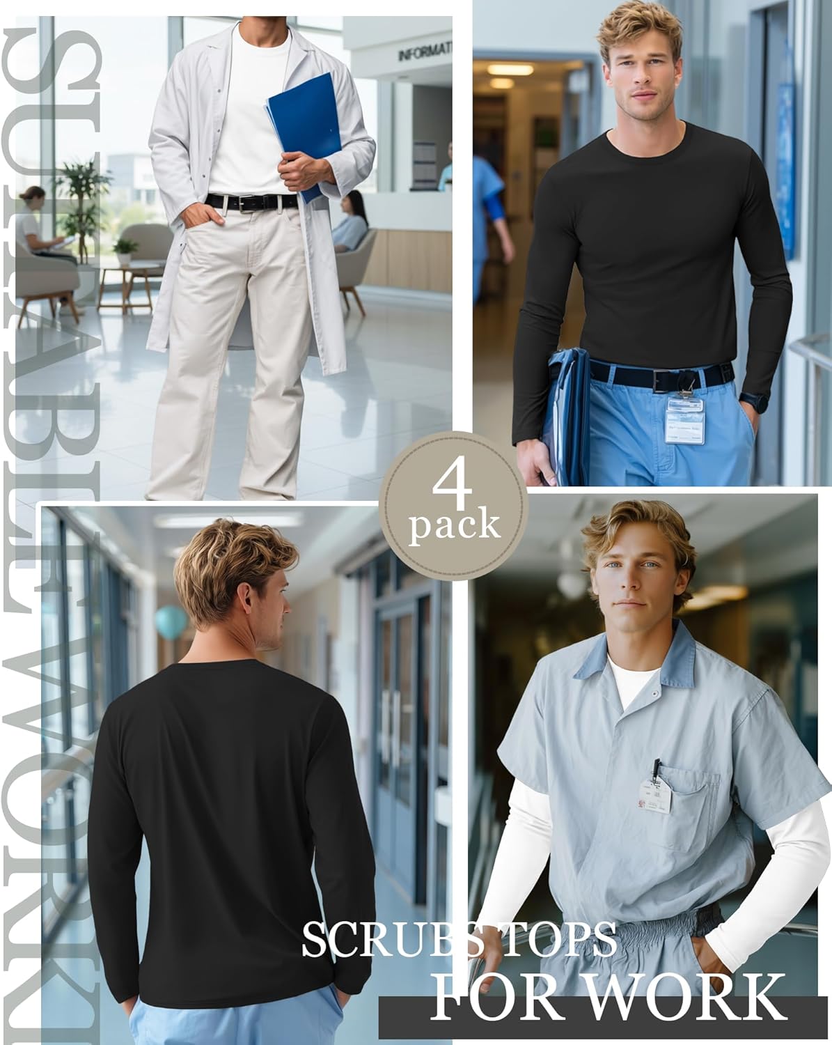 4 Pack Men's Long Sleeve Underscrub Shirts Nurse Crewneck Work Tops Stretchy Laying Undershirts Basic Tee - Image 4