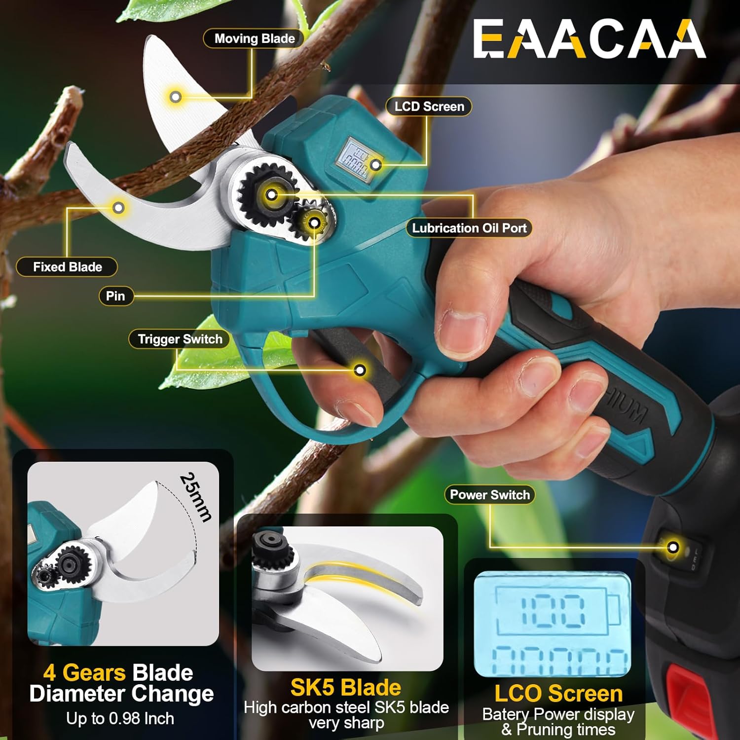Battery Pruning Shears, Cordless Electric Pruning Shears with LCD Display, SK5 High Carbon Steel Blades and Safe Start Setting, Cordless Electric Pruning Shears for Tree Pruning