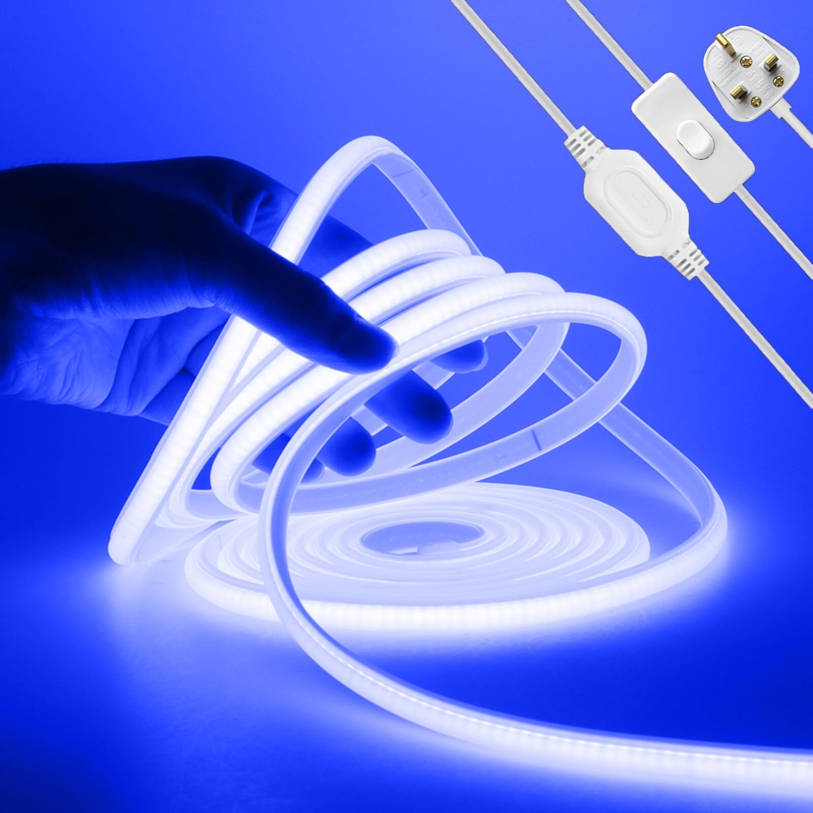 KAFULA 220V COB LED Neon Strip with On/Off Design [1M，Blue], IP65 Waterproof Flexible, 288 LEDs/m FCOB LED Strip CRI85+, Cuttable Every 50cm, Home/Store Decorative Lighting — image 1