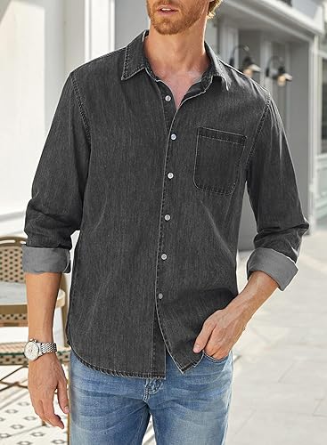 Miniatura 2 de JMIERR Mens Denim Shirts Casual 100% Cotton Long Sleeve Button Down Shirt
