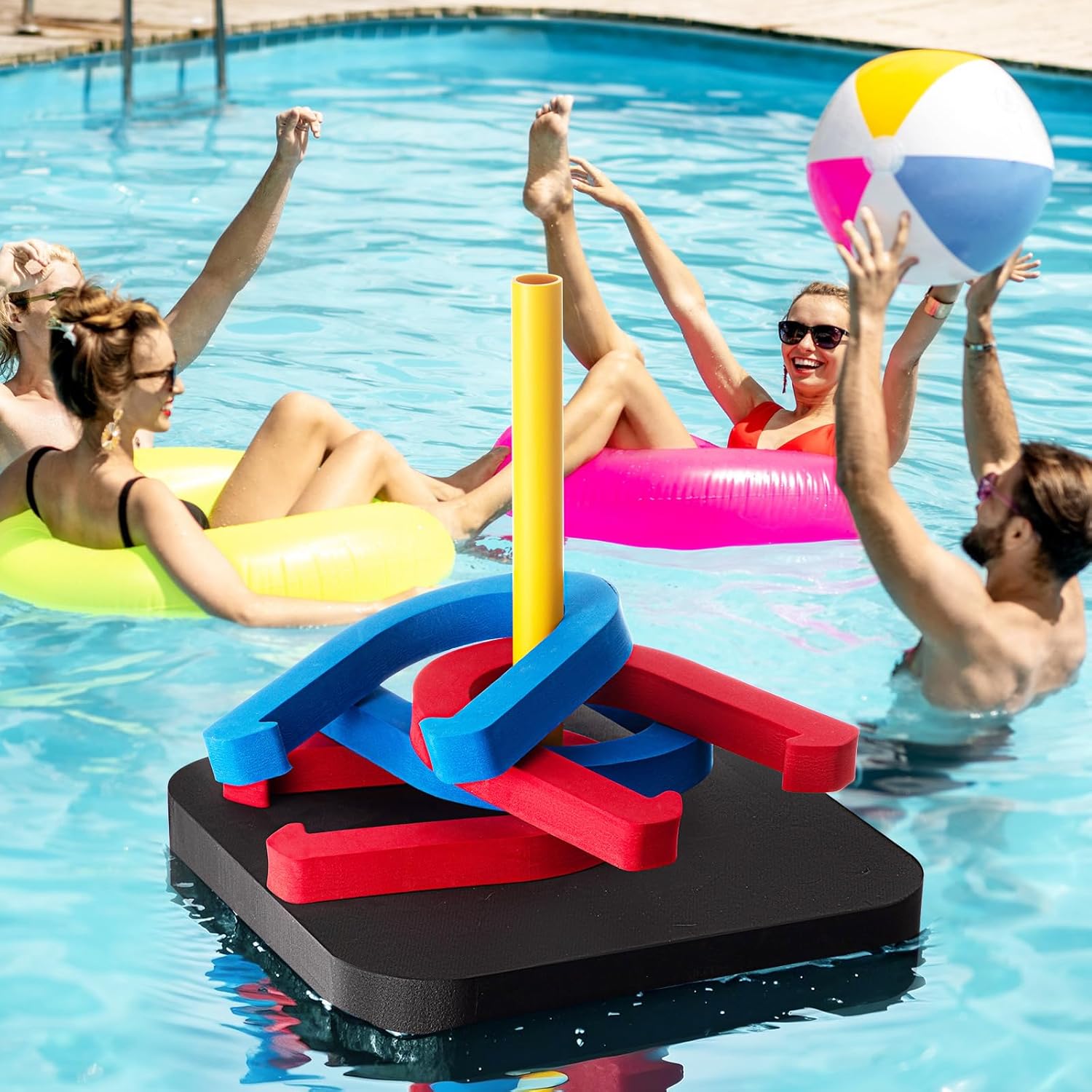 VioraWhite Pool Floating Horseshoe Set Pool Toss Combo Set Includes 4 Horseshoes, 1 Pegs, 1 EVA Mats for Adults Family Beach Swimming Summer Outdoor Party