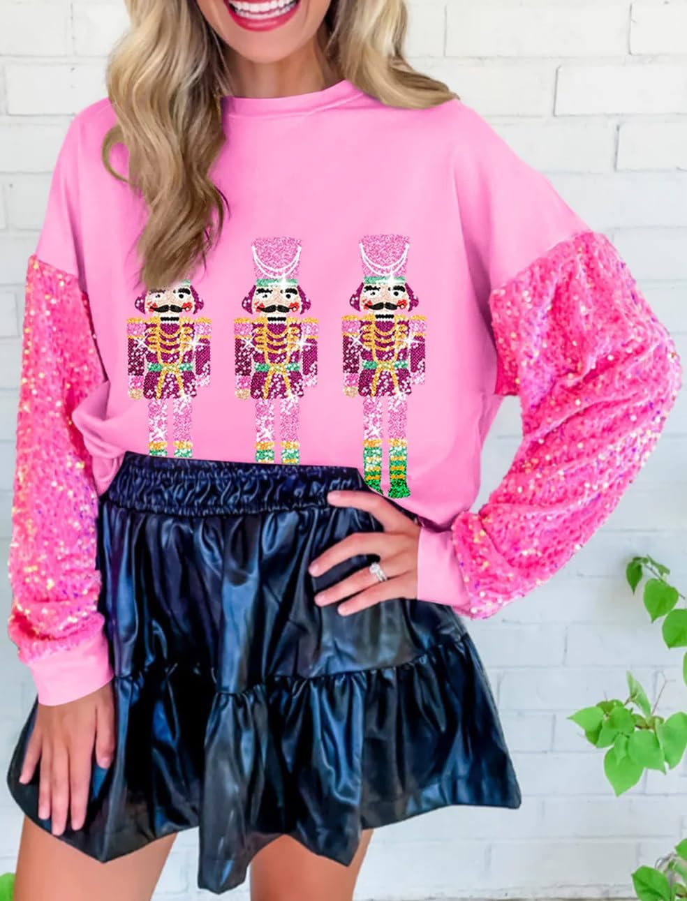 Aonoapll Women Christmas Nutcracker Sweatshirt Sequin Embroidered Oversized Sweater Long Sleeve Pullover Sweatshirts Top - Image 2