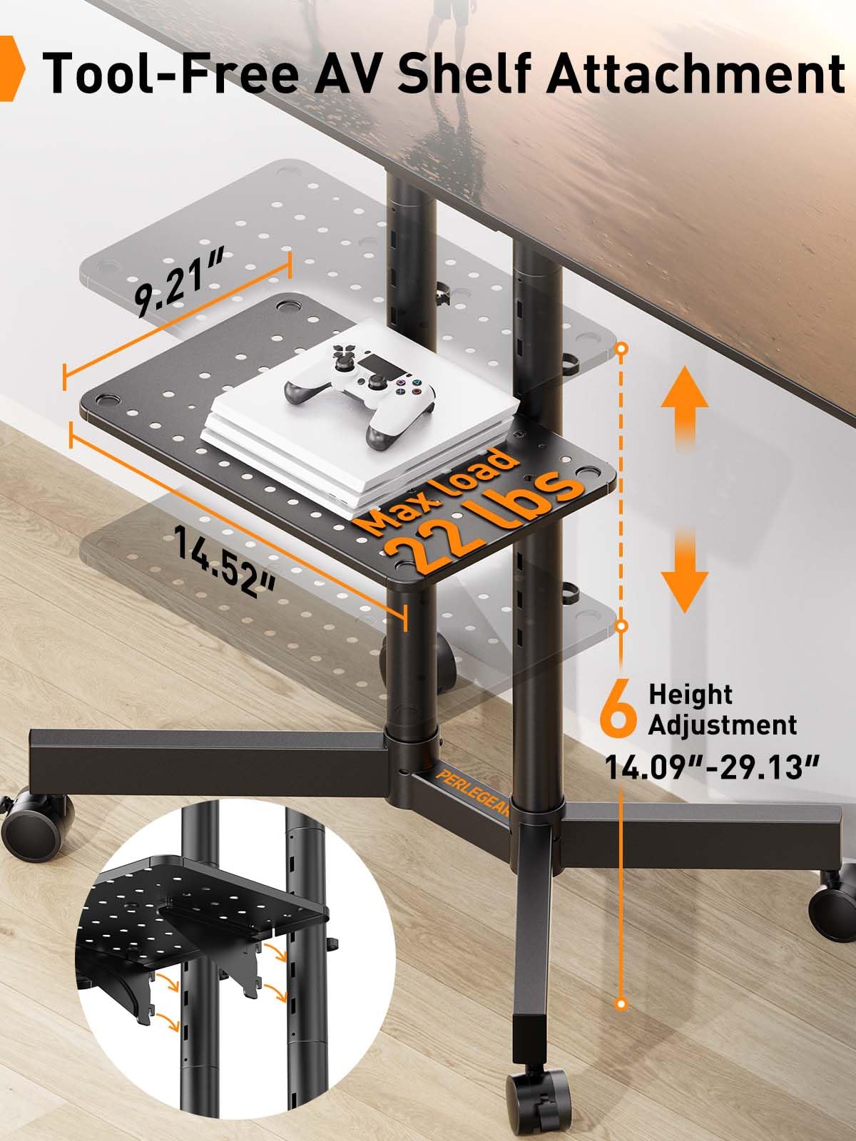 Perlegear PGTVMC14 - Supporto TV mobile con ruote per TV da 32 a 70 pollici, carrello per TV mobile regolabile in altezza con inclinazione da -15° a +5°, supporto TV da esterno per TV 4K max VESA 400
