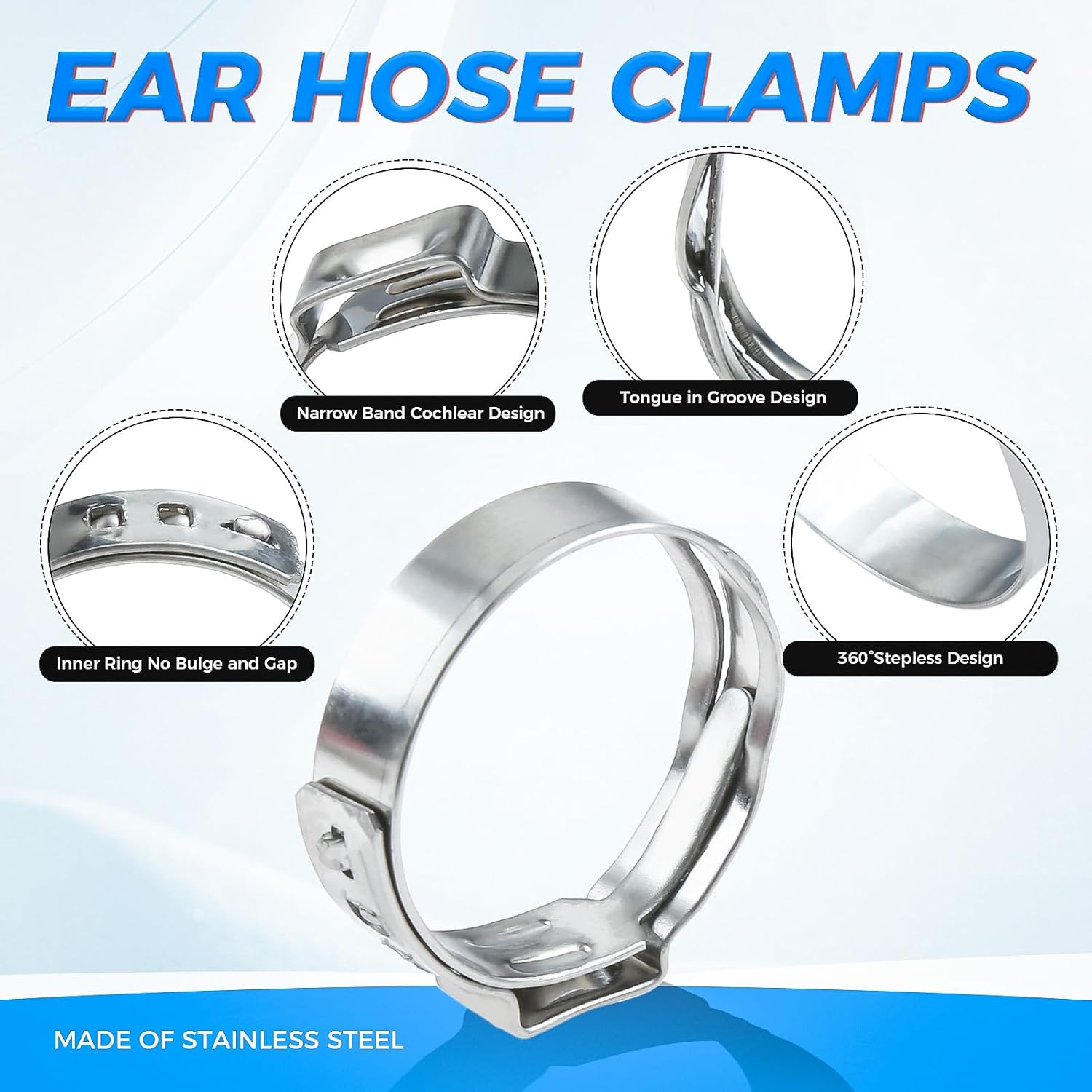 180 Pcs 304 Stainless Steel Single Ear Hose Clamps with Ear Clamps Pincer, 5.3-33.1mm Stepless Cinch Rings Crimp Tool Crimp Hose Clamps Assortment Kit for Automotive, Home Appliance Line and Plumbing
