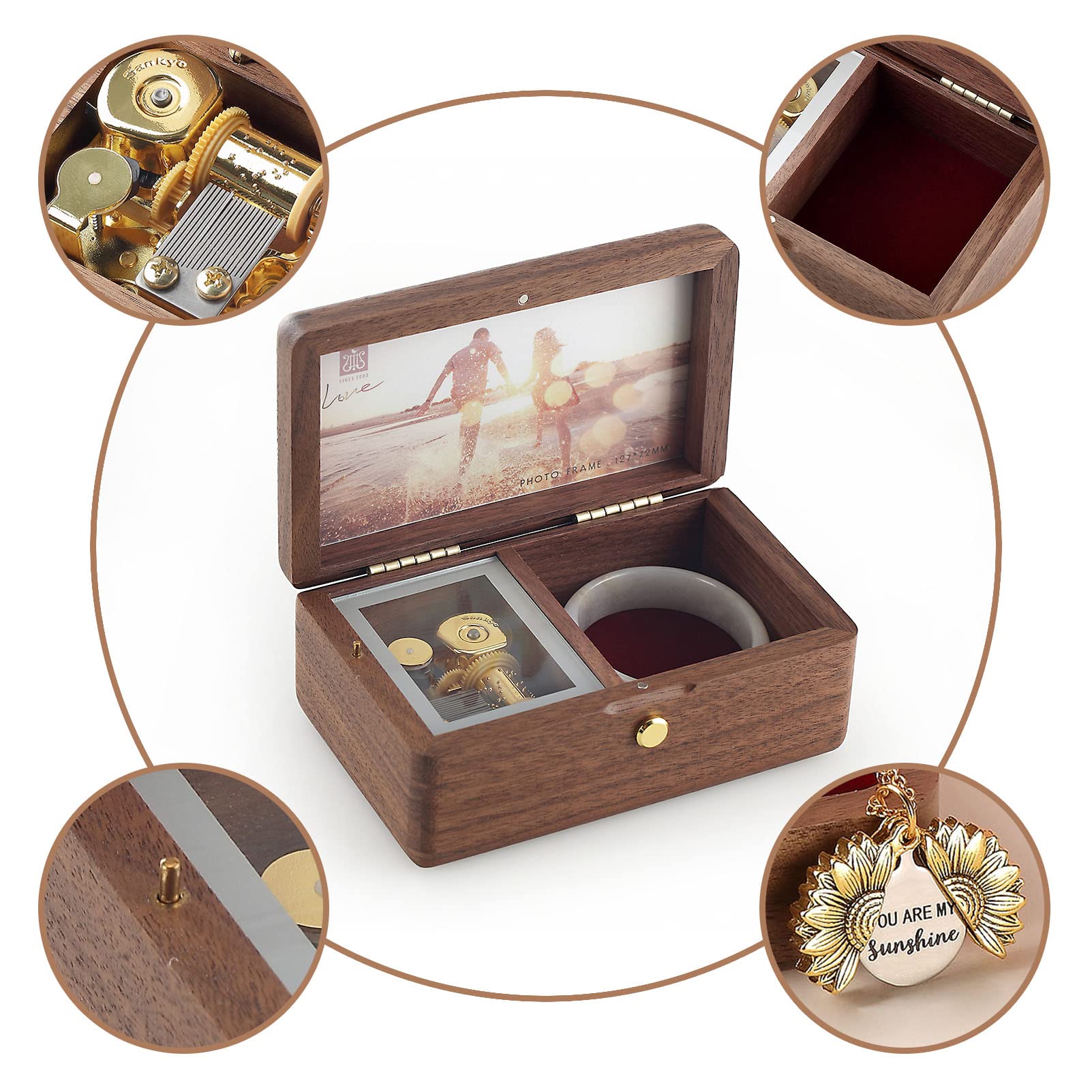 SOFTALK Vintage Jewelry Box Musical Boxs with Customizable Photos Case for Gifts for Christmas Birthday and Valentine's Day(Creative Walnut Wood, Tune : Rainbow Connection)