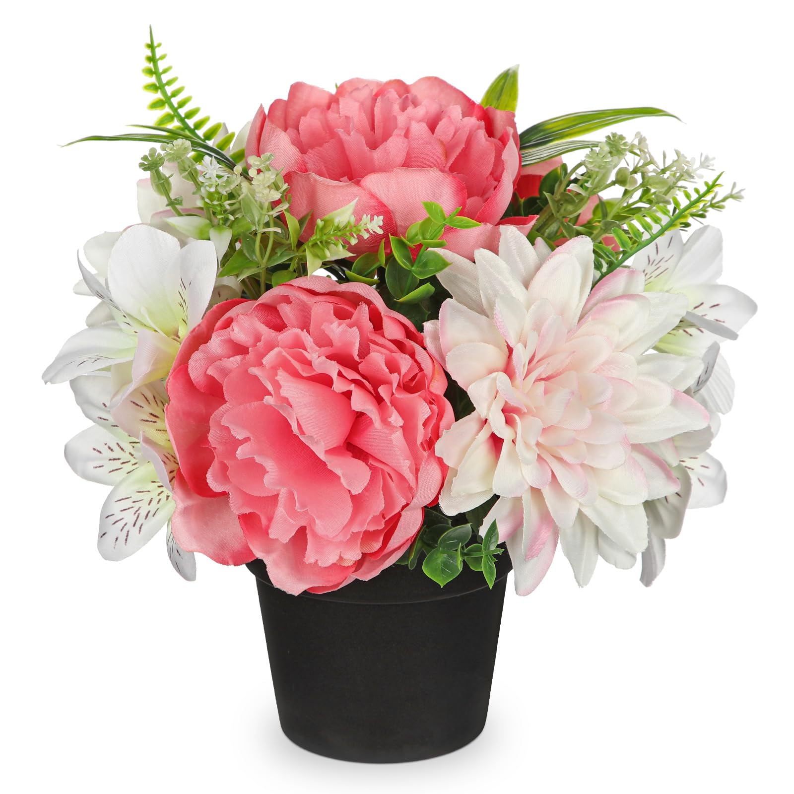 Briful 9.8" Small Artificial Flowers Pink Peony White Dahlia Silk Flowers in Pot, 25 CM Fake Flower for Decoration Silk Lilies for Outdoor Indoor Decor