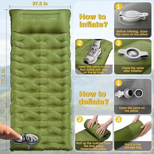 Miniatura 3 de Almohadilla de dormir para camping, extra gruesa de 6 pulgadas, inflable, con almohada, bomba de pie incorporada, almohadilla para dormir para