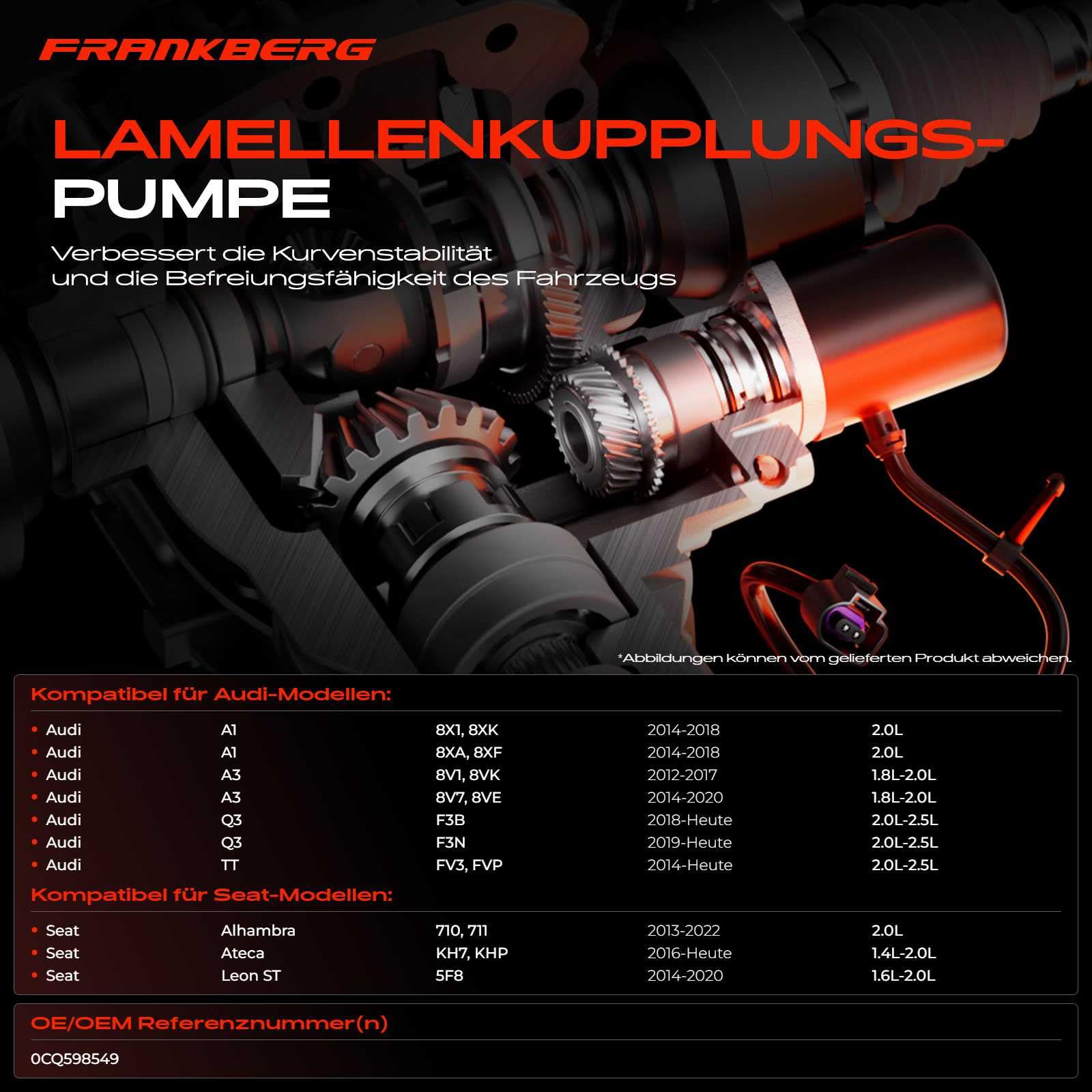 Frankberg Lamellenkupplungspumpe Hinterachse Kompatibel mit A1 2014-2018 A3 2012-Heute Q3 2013-Heute TT 2014-Heute Octavia III 2014-Heute Golf 2014-Heute Replace# 0CQ598549