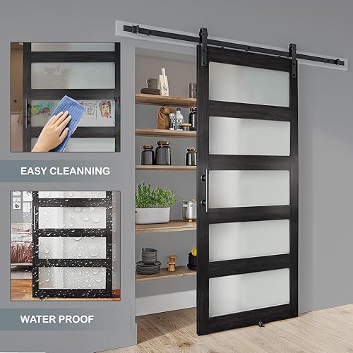 Miniatura 5 de Puerta de granero de vidrio de 28 x 84 pulgadas y kit de herrajes de 5 pies incluido, losa de puerta de granero blanco MDF con vidrio esmerilado,