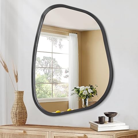 Espejo asimétrico negro espejo de pared ovalado irregular marco de madera moderno forma única espejo decorativo para sala de estar dormitorio baño