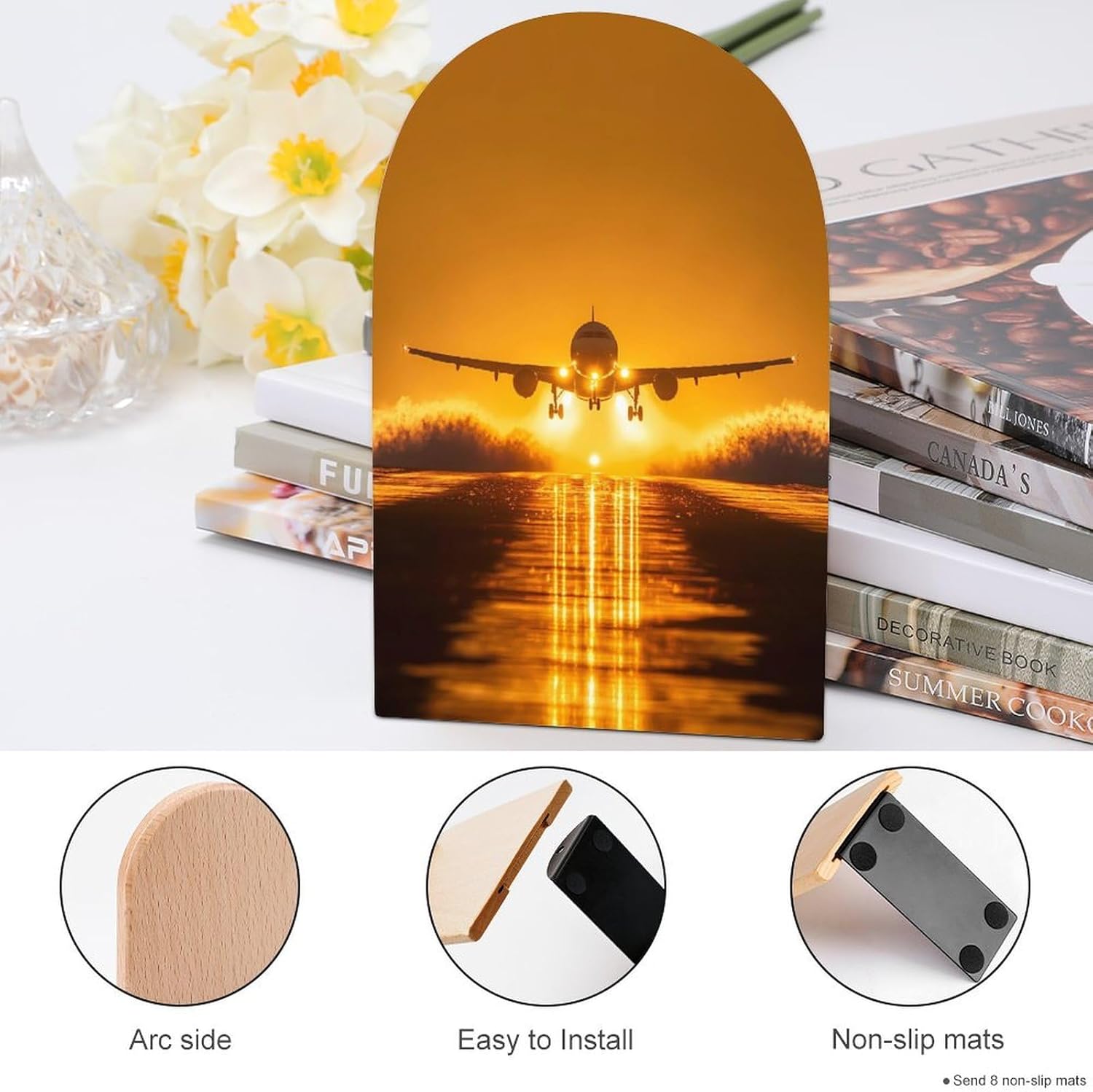 Airport Runway Night Decorative Bookends for Shelves Wood 1 Pair Book Stands for Desk Home Office