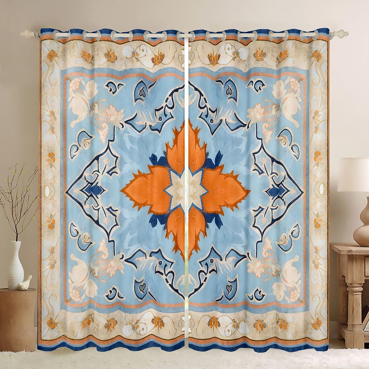 Rideau occultant 117x137 cm bleu orange et voilage fenetre fleurs vintage boho