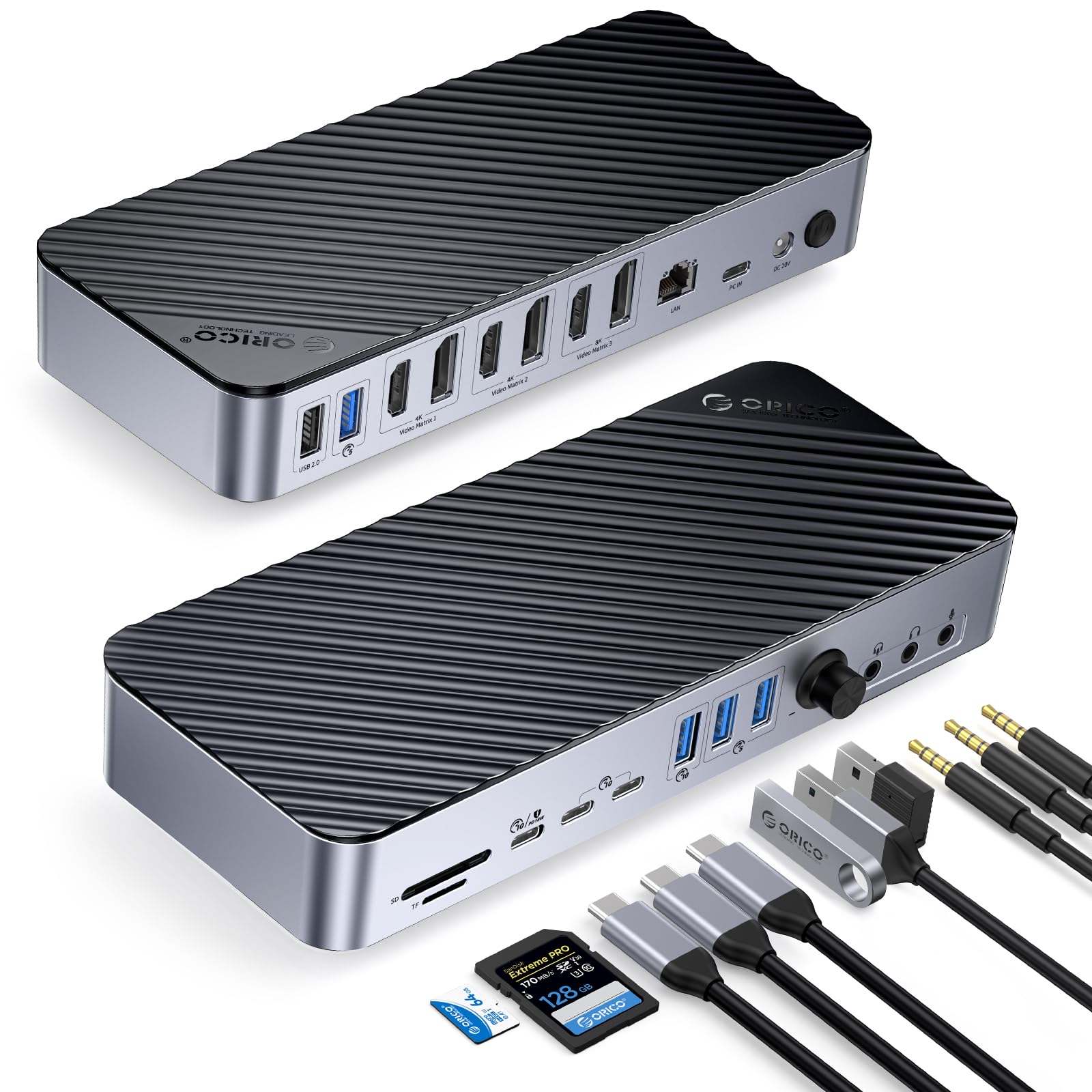ORICO 22 IN 1 Docking Station DisplayLink, Hub USB C a Quattro Display con 3 DP/HDMI, Uscita Singola 8K, 60W PD, USB C 3.2 18W PD, 2 Tipo C 3.2, Tipo A 3.2, 3 USB A 3.0, RJ45, 3 AUX