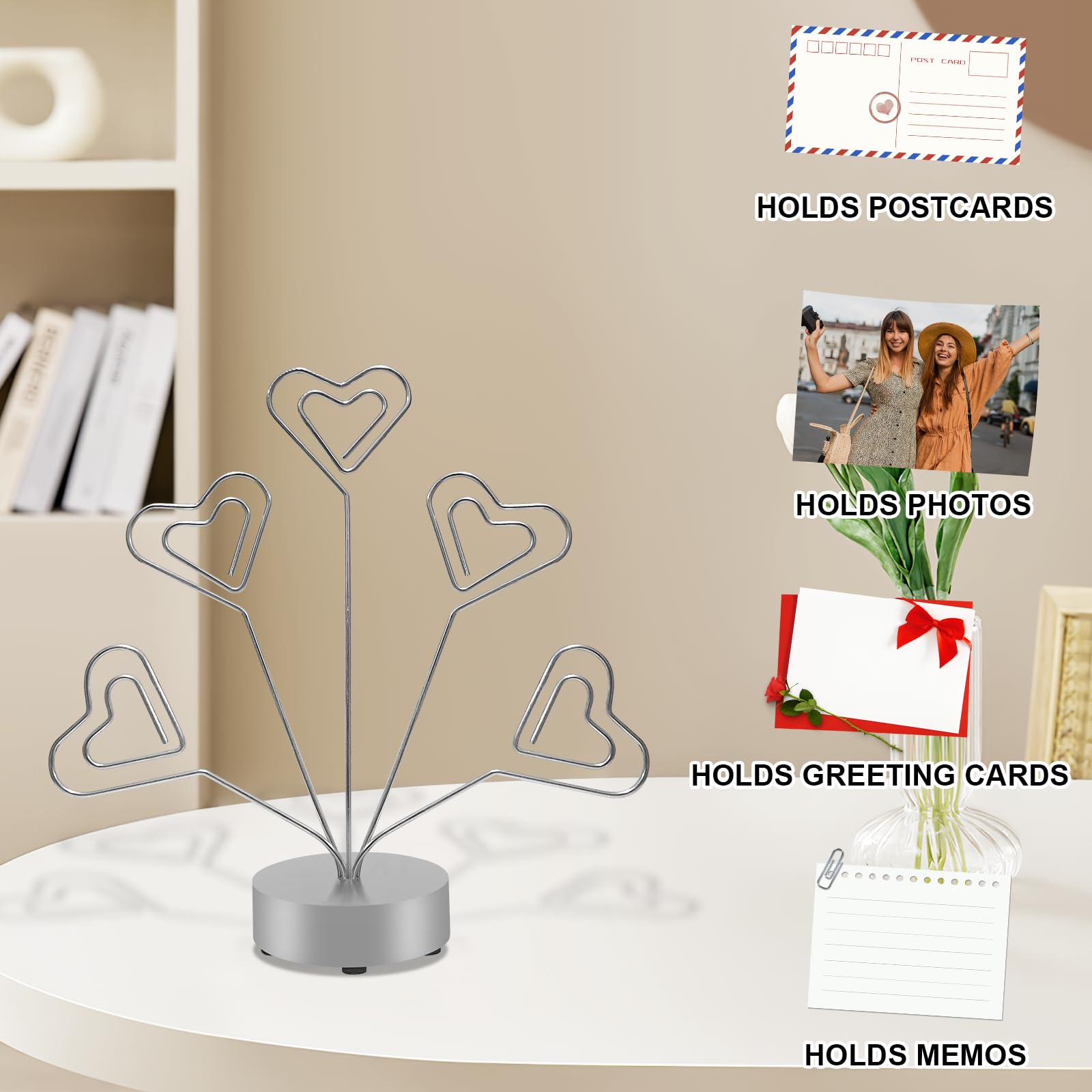 Desktop Heart-Shaped Photo Tree Style Holders Round Base,5-Branch Family Picture Frame Clips Holder Desk Card Display Stand for Christmas,Wedding, Birthday Party,Gift Silver