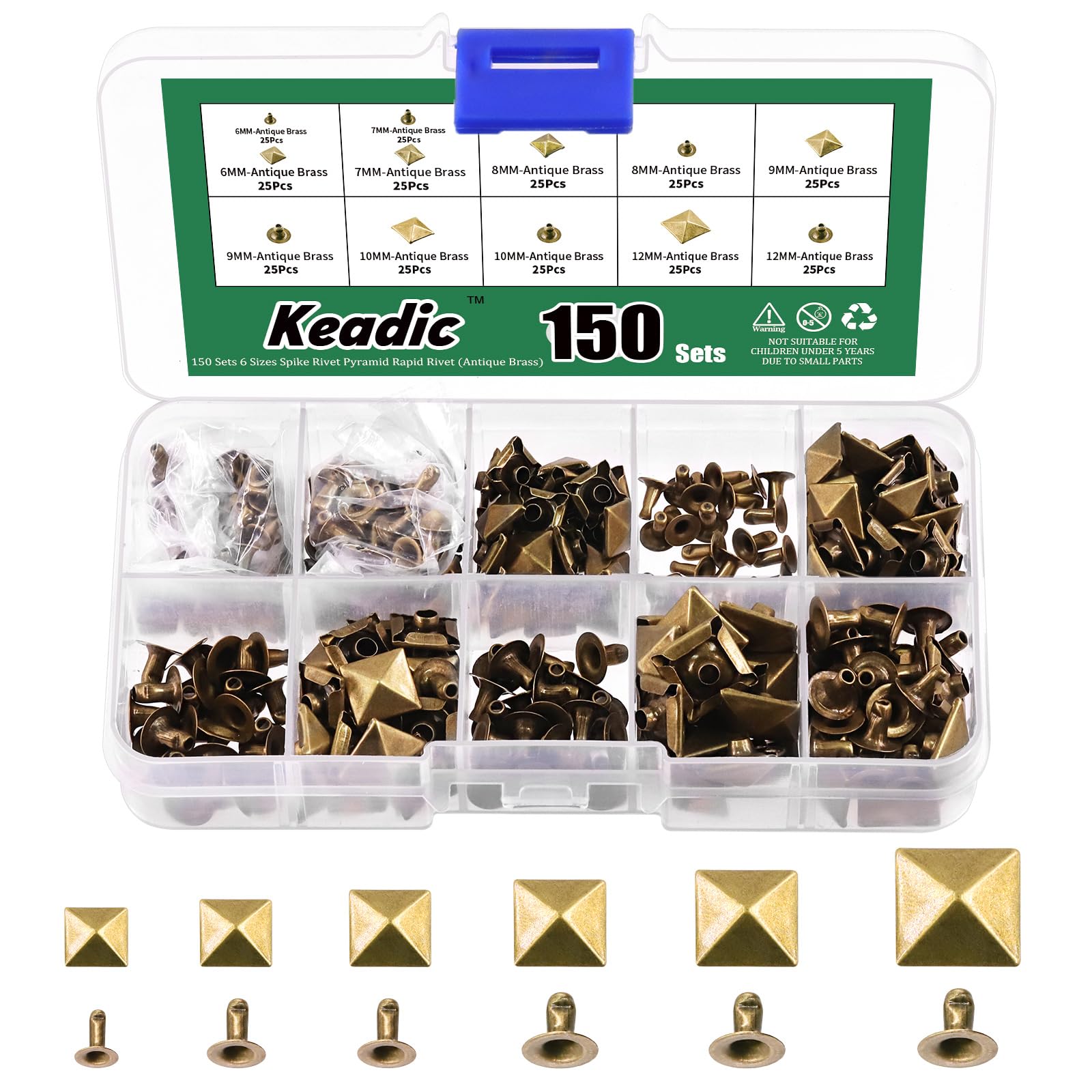 Keadic 300Pcs Bronze Punk Spike Studs Assortment Set including Plastic Case