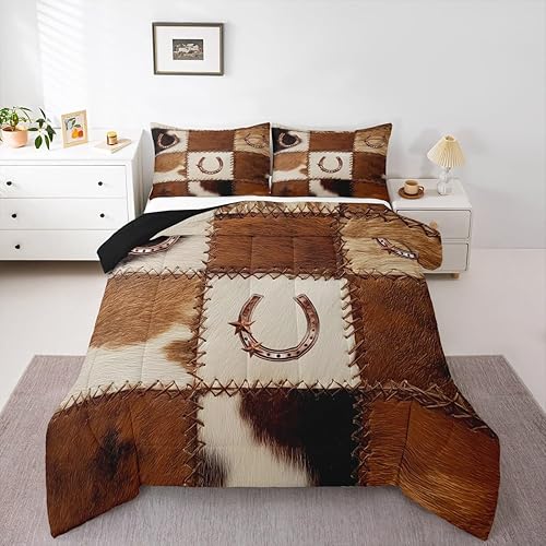 Miniatura 1 de Juego de ropa de cama de cuero vacuno occidental con estrellas de Texas doradas, juego de edredón de herradura con estampado de animales de granja,