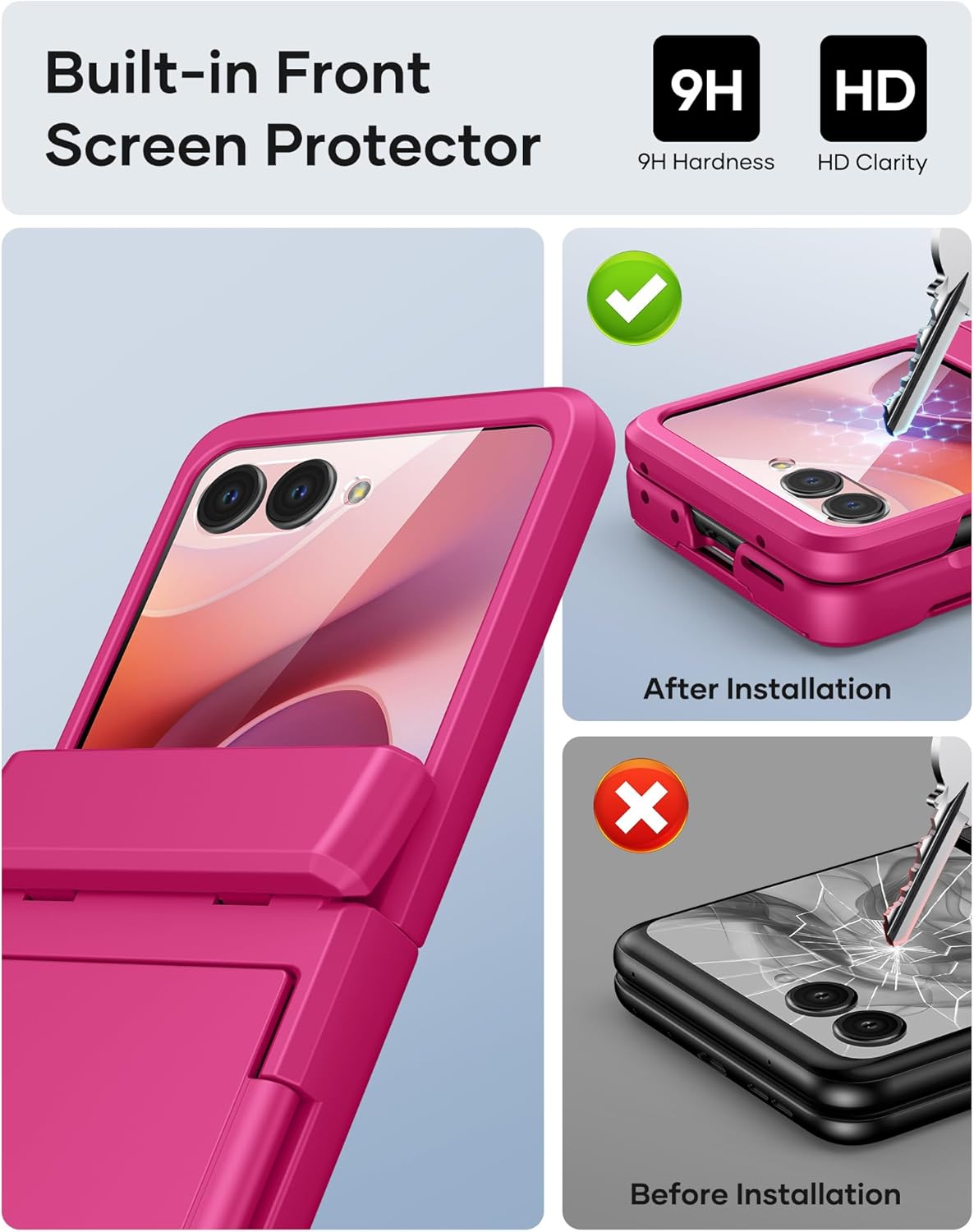 ATATOO for Motorola Razr 2025 Wallet Case with Card Holder (3 Cards) & Hinge Protection & HD Screen Protector, Military Grade Protection, Women Men Cute Phone Cover for Moto Razr 2025, Hot Pink