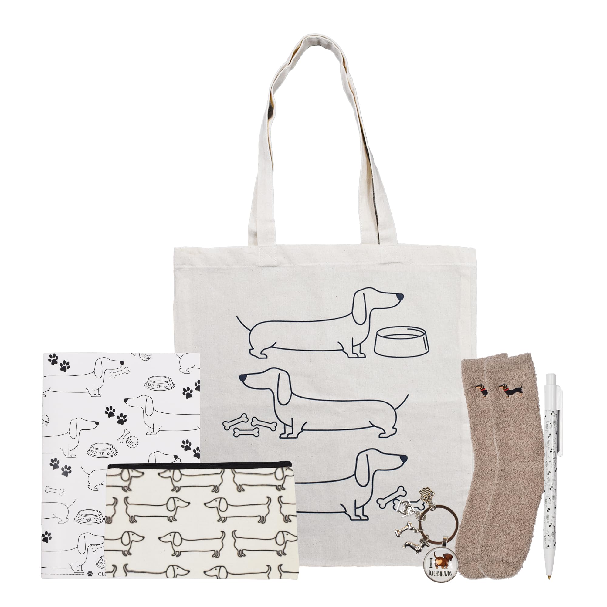 Clermont Bundles Dachshund Gift Set for Women & Men, Sausage Dog Gift Hamper. Bundled with Socks, Notepad & Pen, Keyring