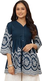 KESUDI Women's Cotton Embroidered Tunic with V Neck 3/4 Sleeves Button Closure Short Dresses Price In India