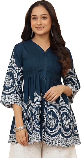 KESUDI Women's Cotton Embroidered Tunic with V Neck 3/4 Sleeves Button Closure Short Dresses