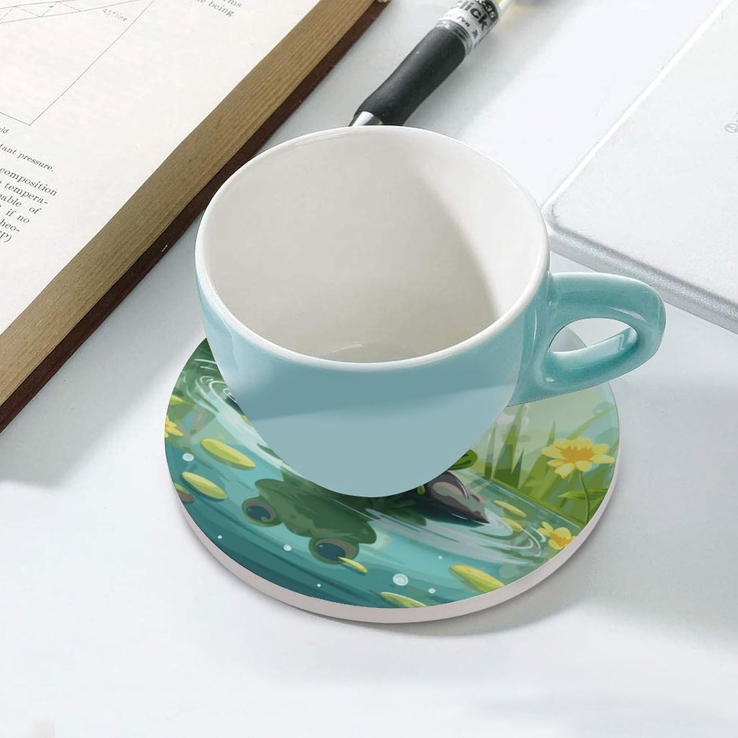 6PCS Frog in A Pond Coasters Non-Slip Round Drink Coasters with Ceramic Stone and Cork Base, Heat Resistant Absorbent 33.00Stone Coaster Set for Kinds of Mugs and Cups, 4 Inch