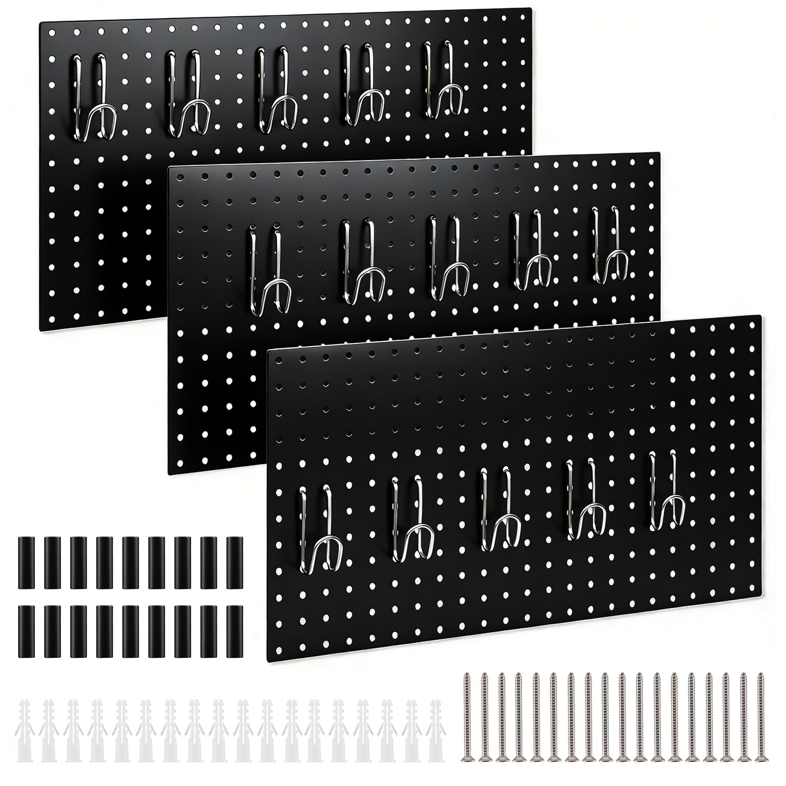 DEWEL 3 Pack Black Metal Pegboard, 23x12 Inch Wall Organizer with Hooks