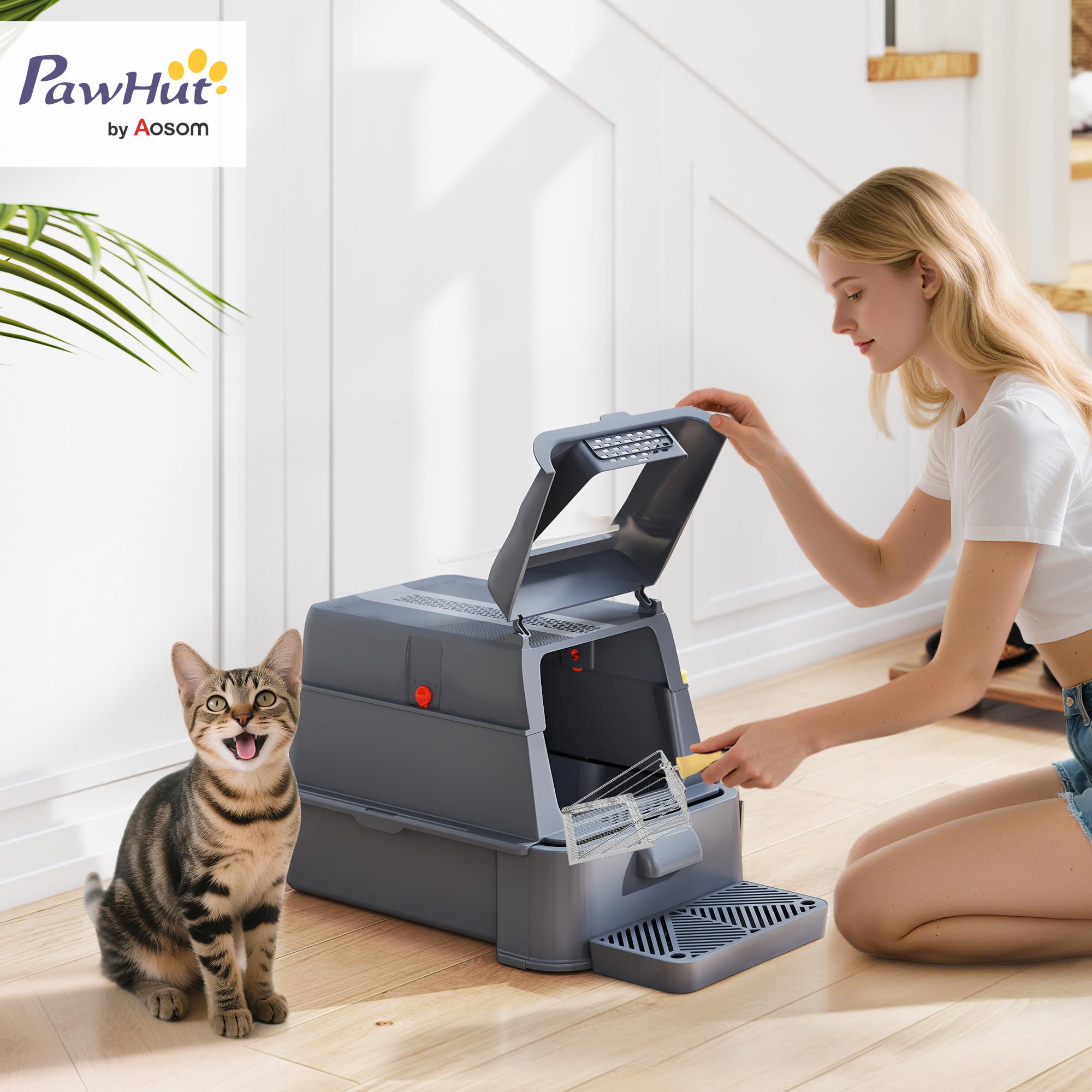 PawHut Lettiera per Gatti Chiusa XXL in Acciaio Inox, 3 in 1 Toilette per Gatti 80L con Coperchio Ribaltabile 180°, Pedale e Paletta, Antiaderente, Antiodore, Facile da Pulire, Grigio Scuro