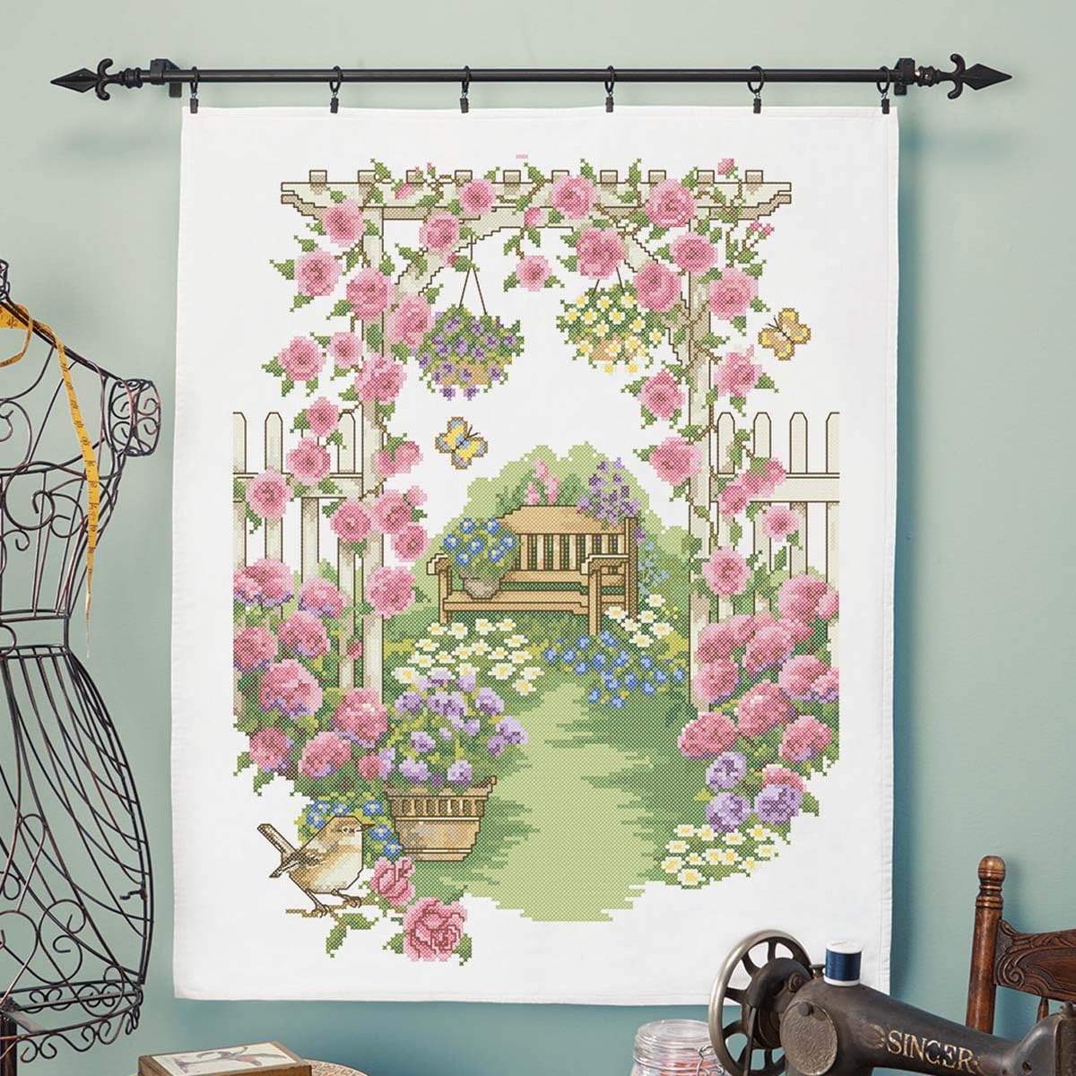 Herrschners Hidden Garden Lap Quilt Top Stamped Cross-Stitch Kit