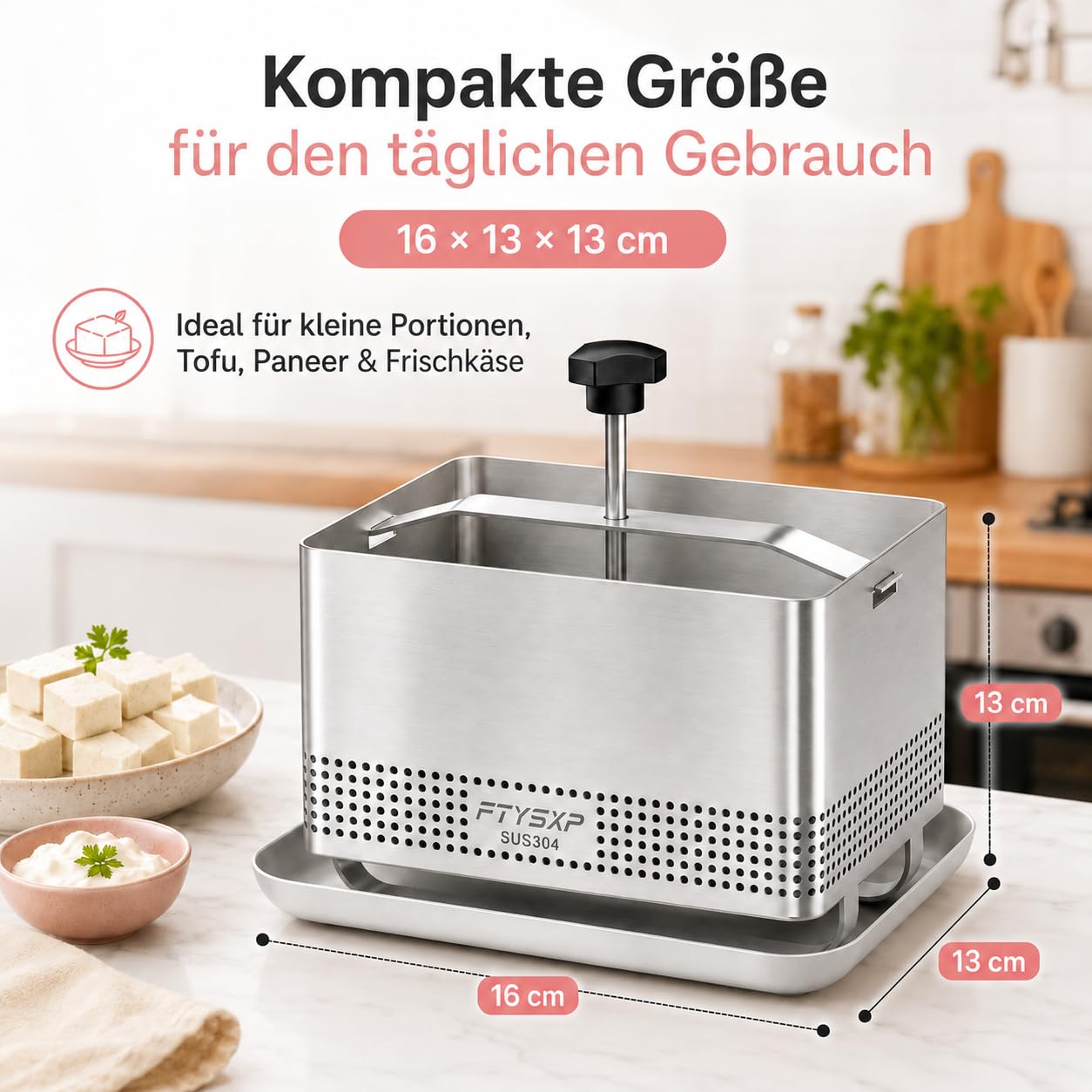 Pressa per tofu in acciaio inox 304, con pressione regolabile, pressa per formaggio e paneer, con vaschetta antigoccia e panno per formaggio, senza BPA, lavabile in lavastoviglie, per tofu