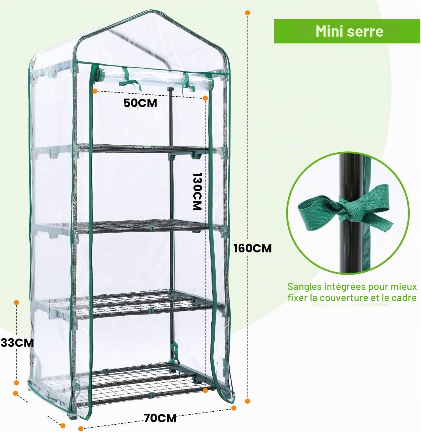 LATERN 4 Niveaux Mini Serre, 160CM x 70CM x 50CM Petite Serre Étagères Cadre et Transparent Imperméabiliser PVC Couverture avec Enroulable Zippée Porte pour Protection Contre Froid Gel Vent Pluie
