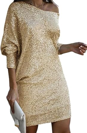 Womens Sexy One Shoulder Half Short Sleeve Wrap Bodycon Midi Party Club Dress Sparkly Sequin Shirt Mini Dress