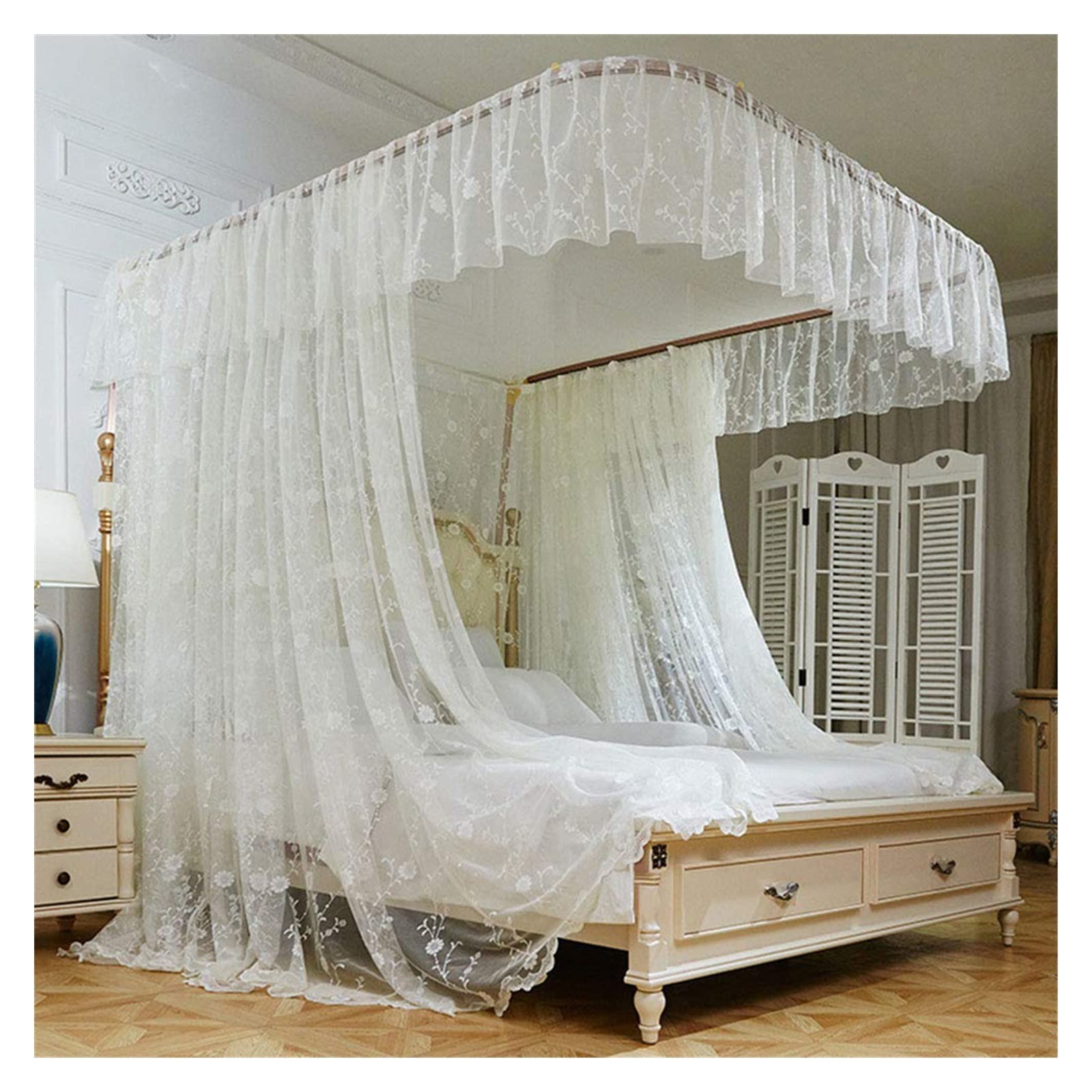 Mosquitera gruesa de cama de 1,8 x 2,2 m con dosel de encaje y soporte de acero