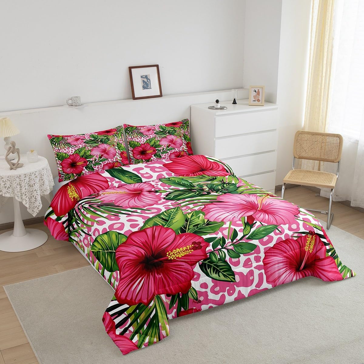 Erosebridal Hawaiian Plants Flowers Comforter Set Tropical Palm Leaves Twin Bedding Set Pink Leopard Print Bedding Comforter Sets Pink Hibiscus Floral Quilt Set for Kids Teen Adults Room Decor